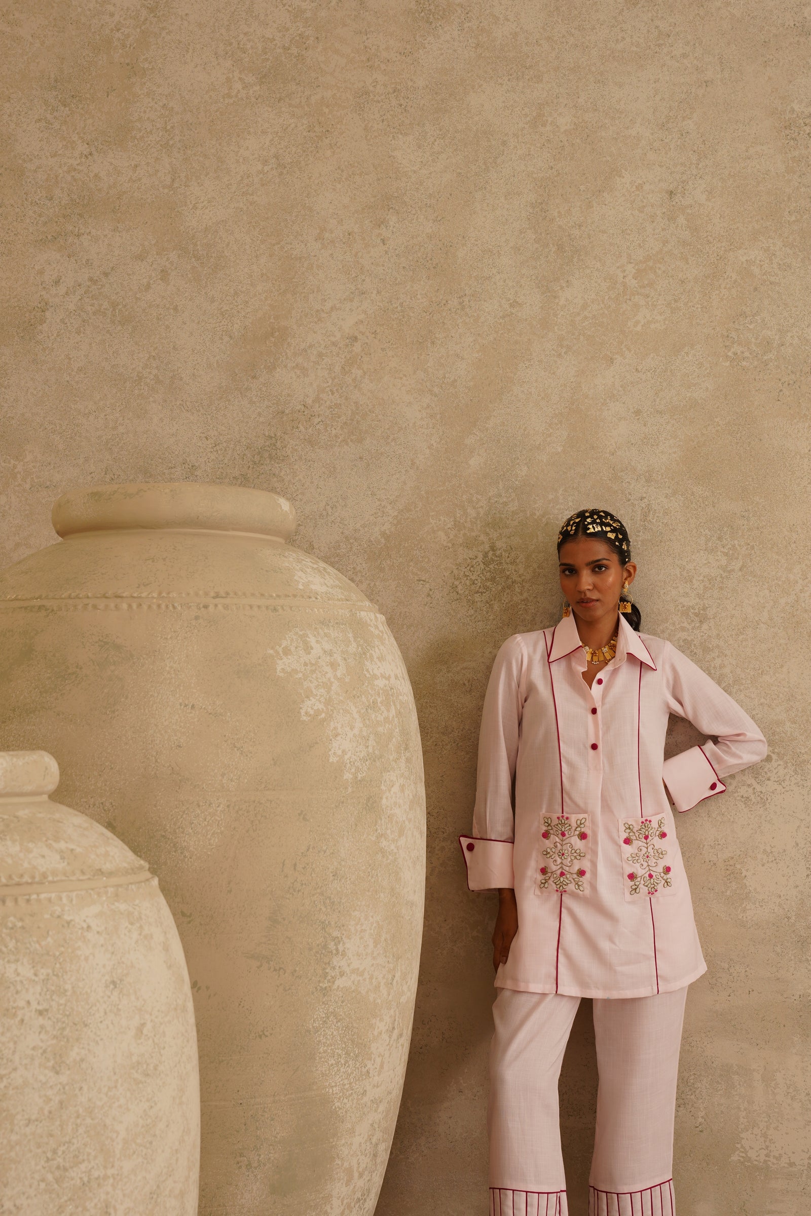Pink Embellished Pocket
 Tunic Set