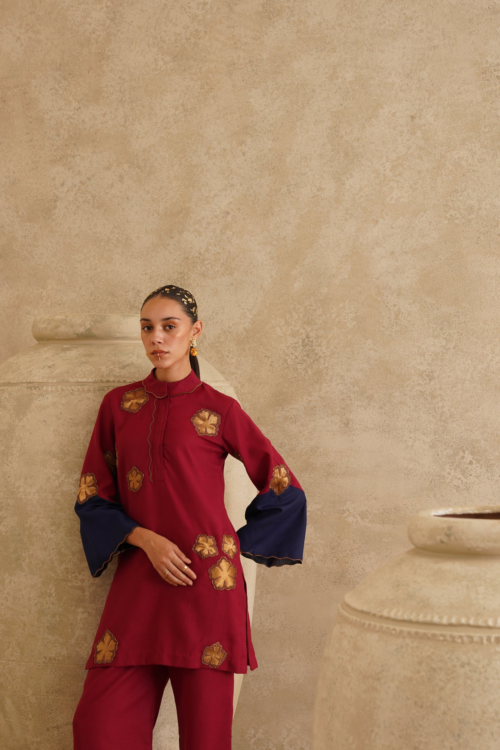Maroon Metallic Flower 
Tunic Set