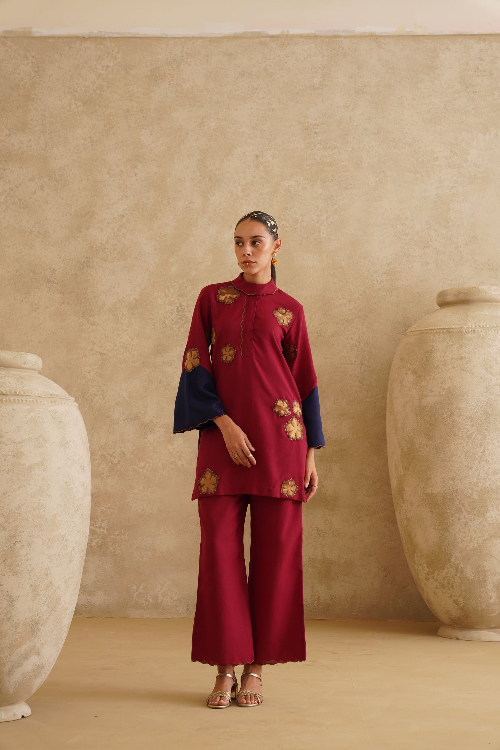 Maroon Metallic Flower 
Tunic Set