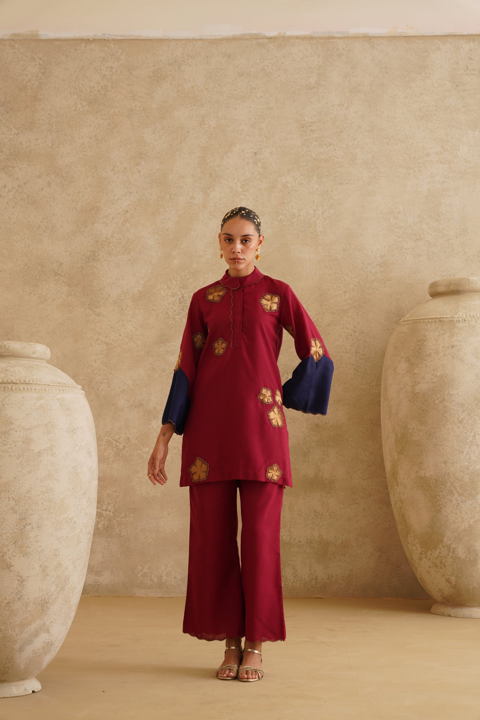 Maroon Metallic Flower 
Tunic Set
