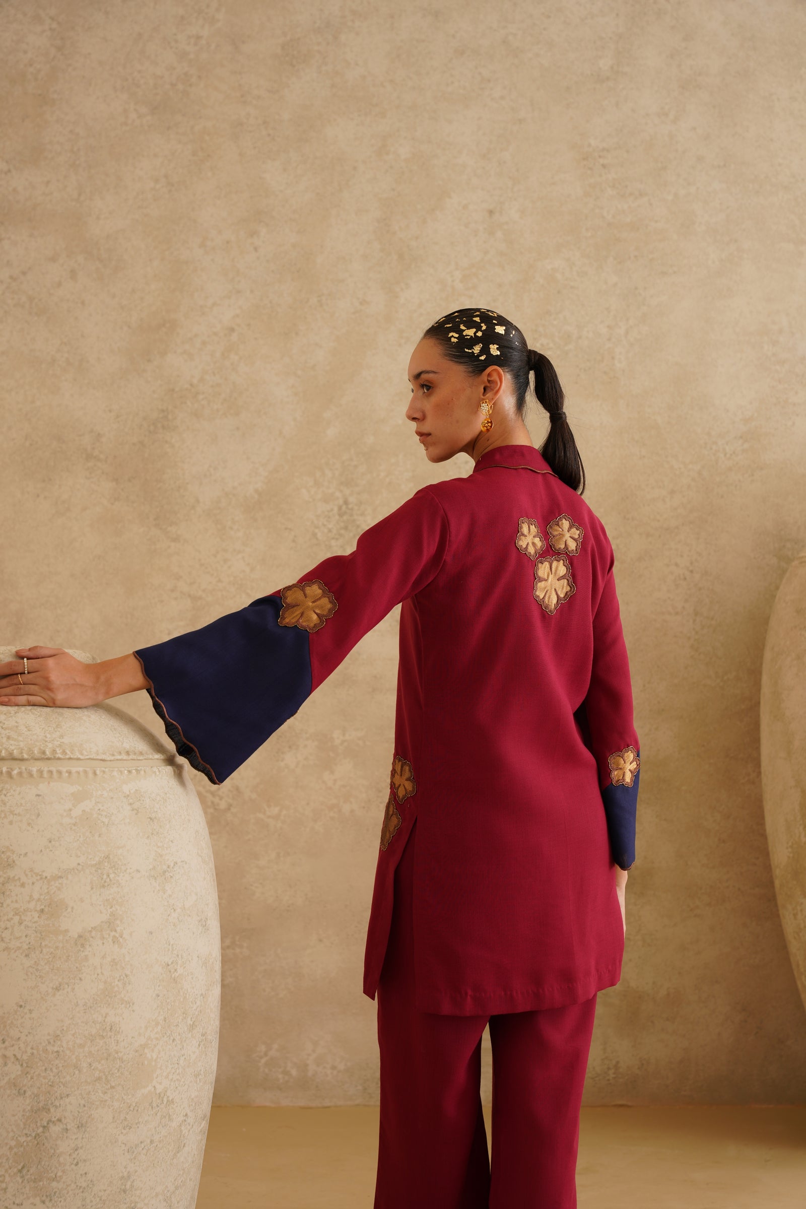 Maroon Metallic Flower 
Tunic Set