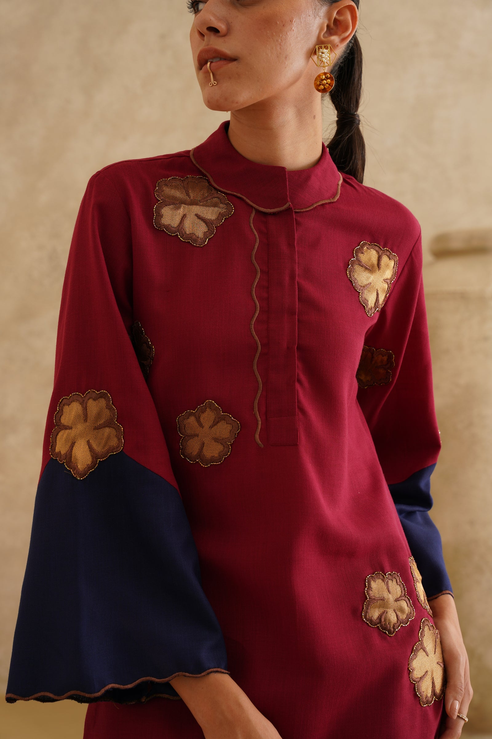 Maroon Metallic Flower 
Tunic Set