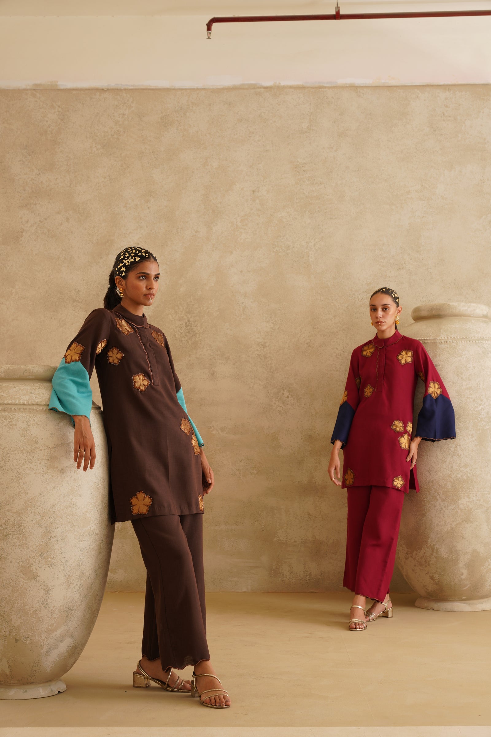 Brown Metallic Flower
 Tunic Set