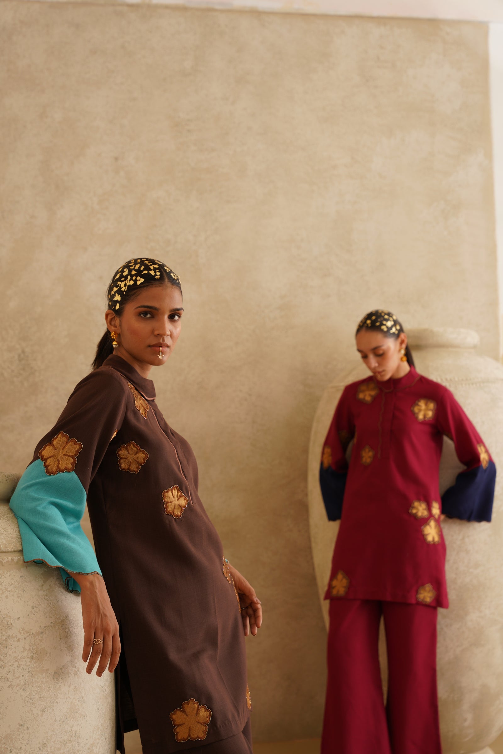 Brown Metallic Flower
 Tunic Set