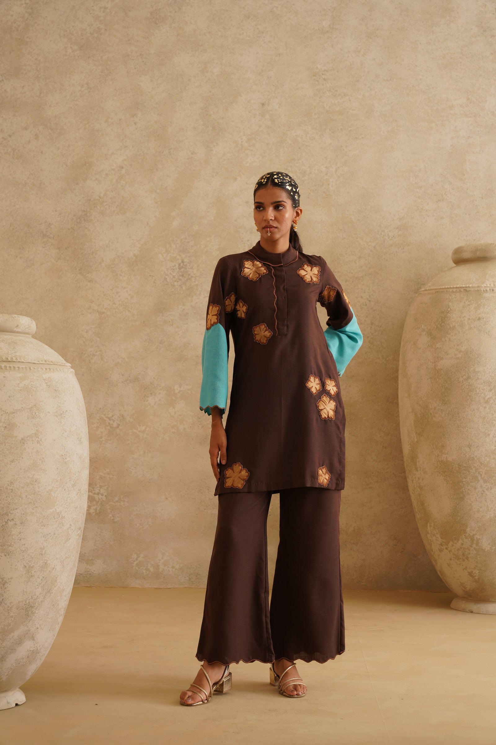 Brown Metallic Flower
 Tunic Set