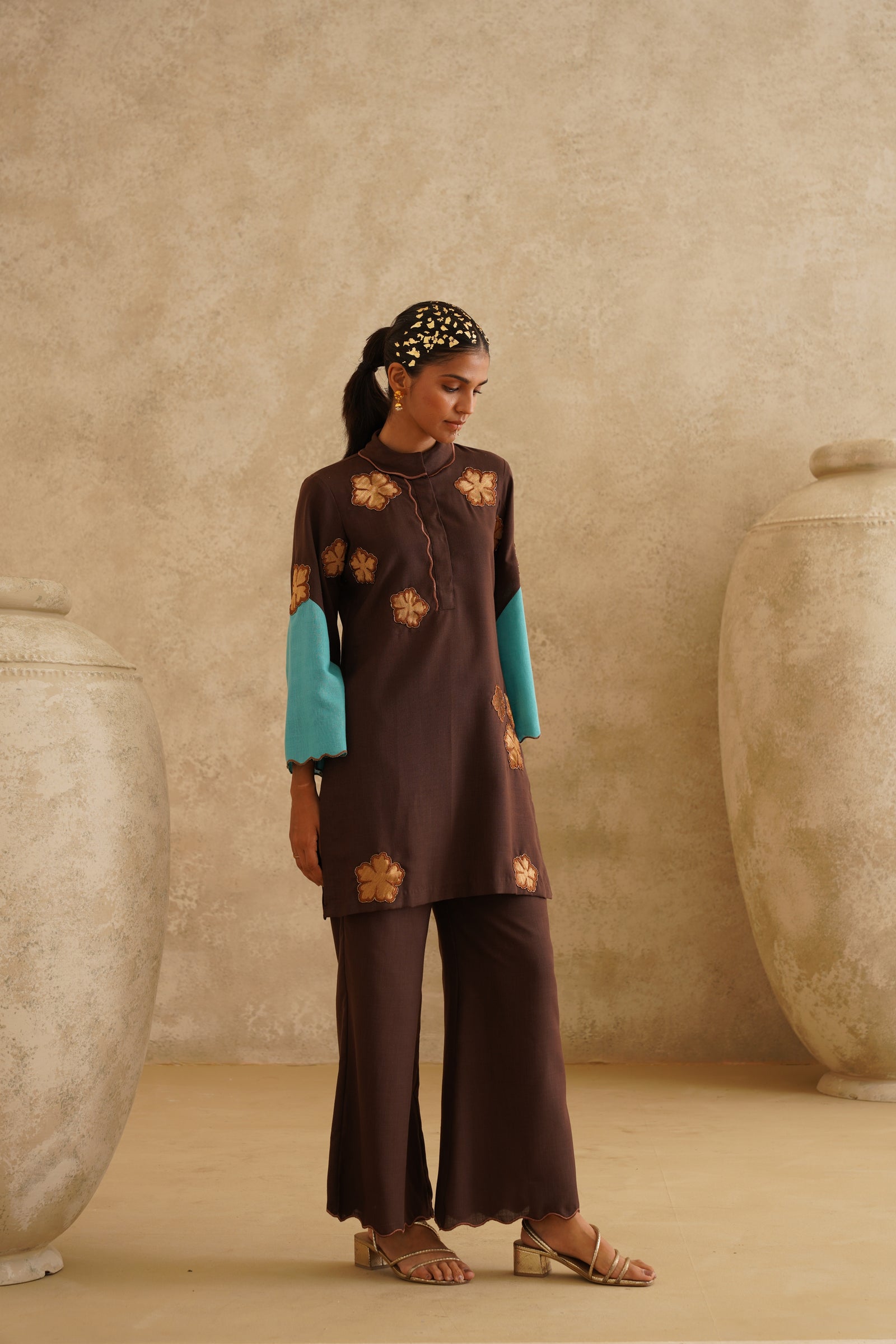 Brown Metallic Flower
 Tunic Set