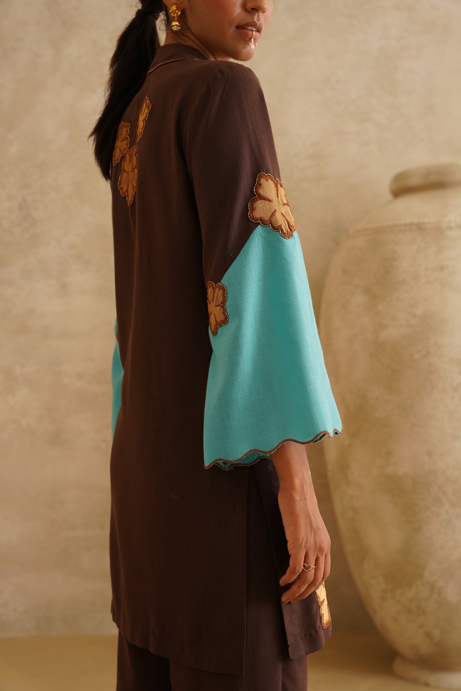 Brown Metallic Flower
 Tunic Set