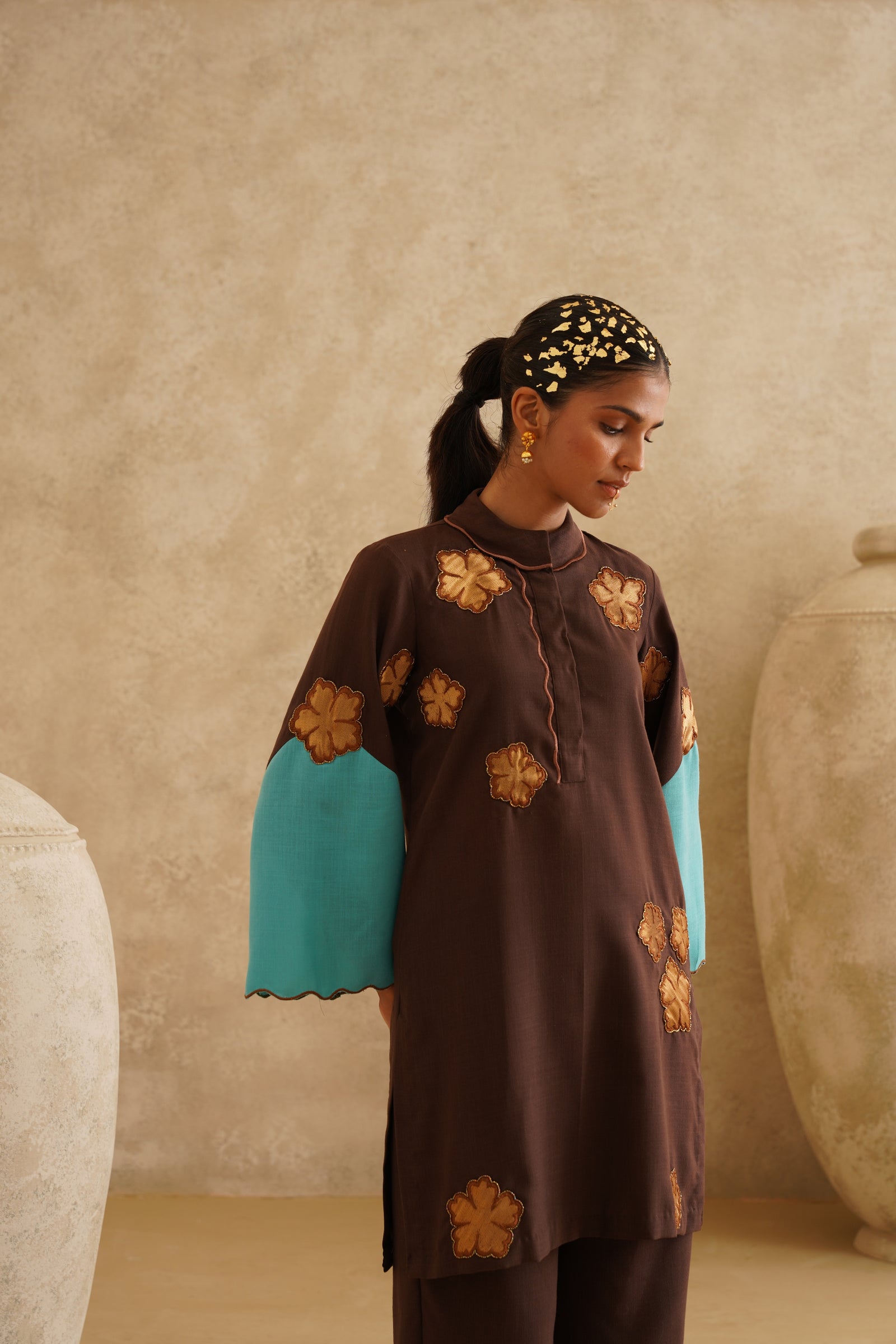 Brown Metallic Flower
 Tunic Set