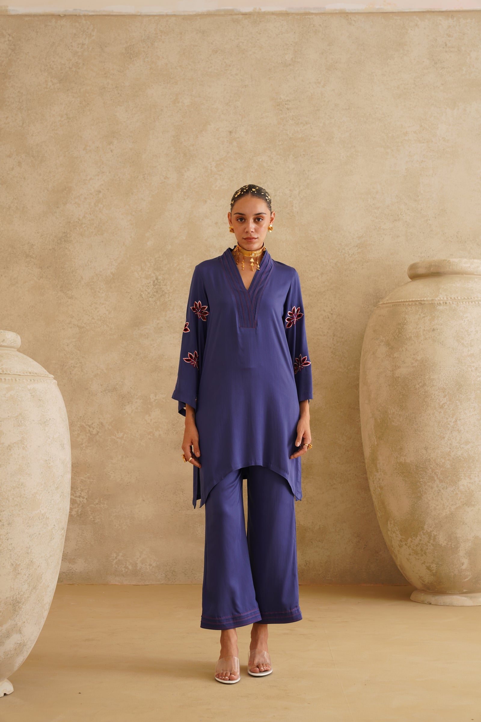 Navy Cutwork Sleeve 
Tunic Set