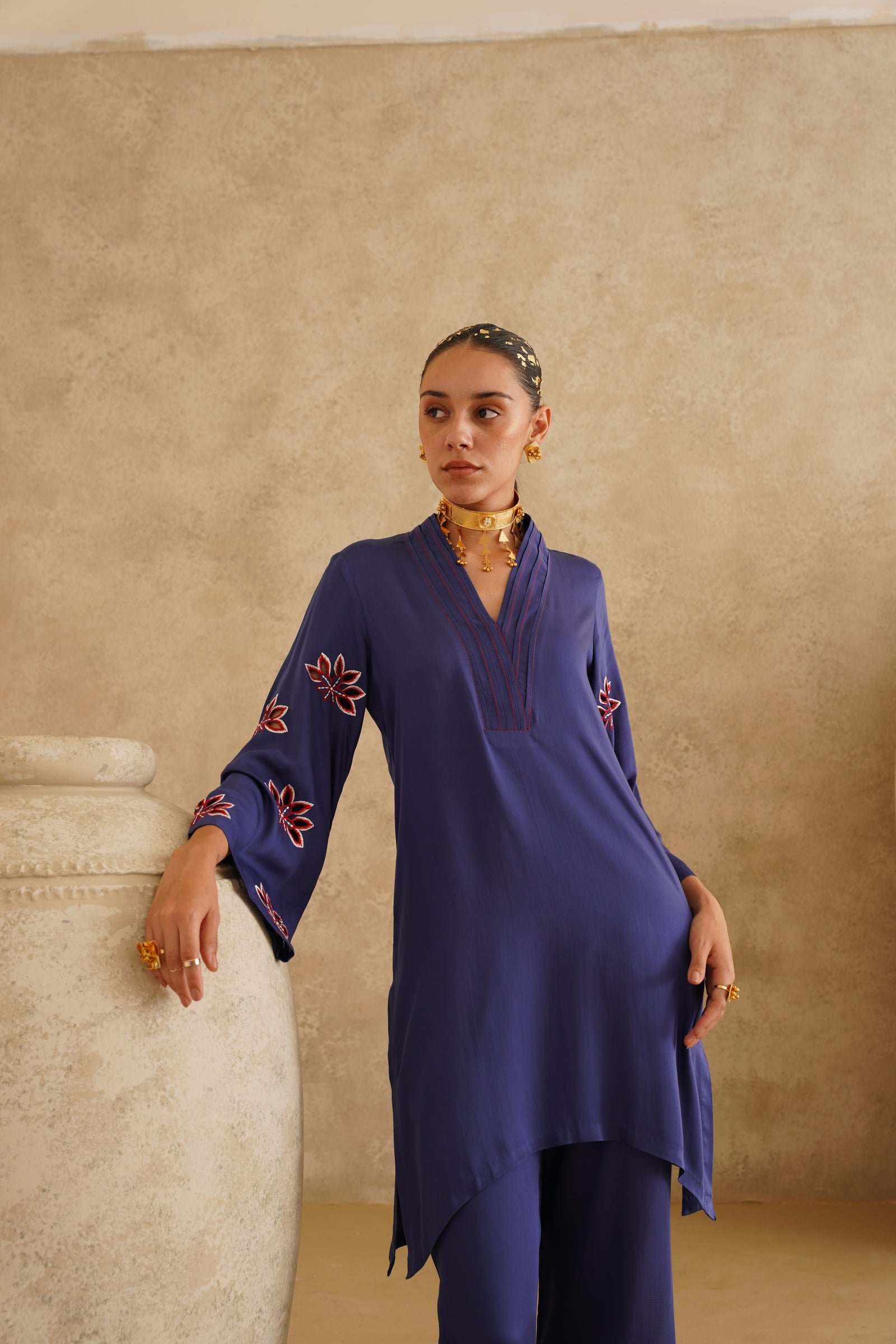 Navy Cutwork Sleeve 
Tunic Set