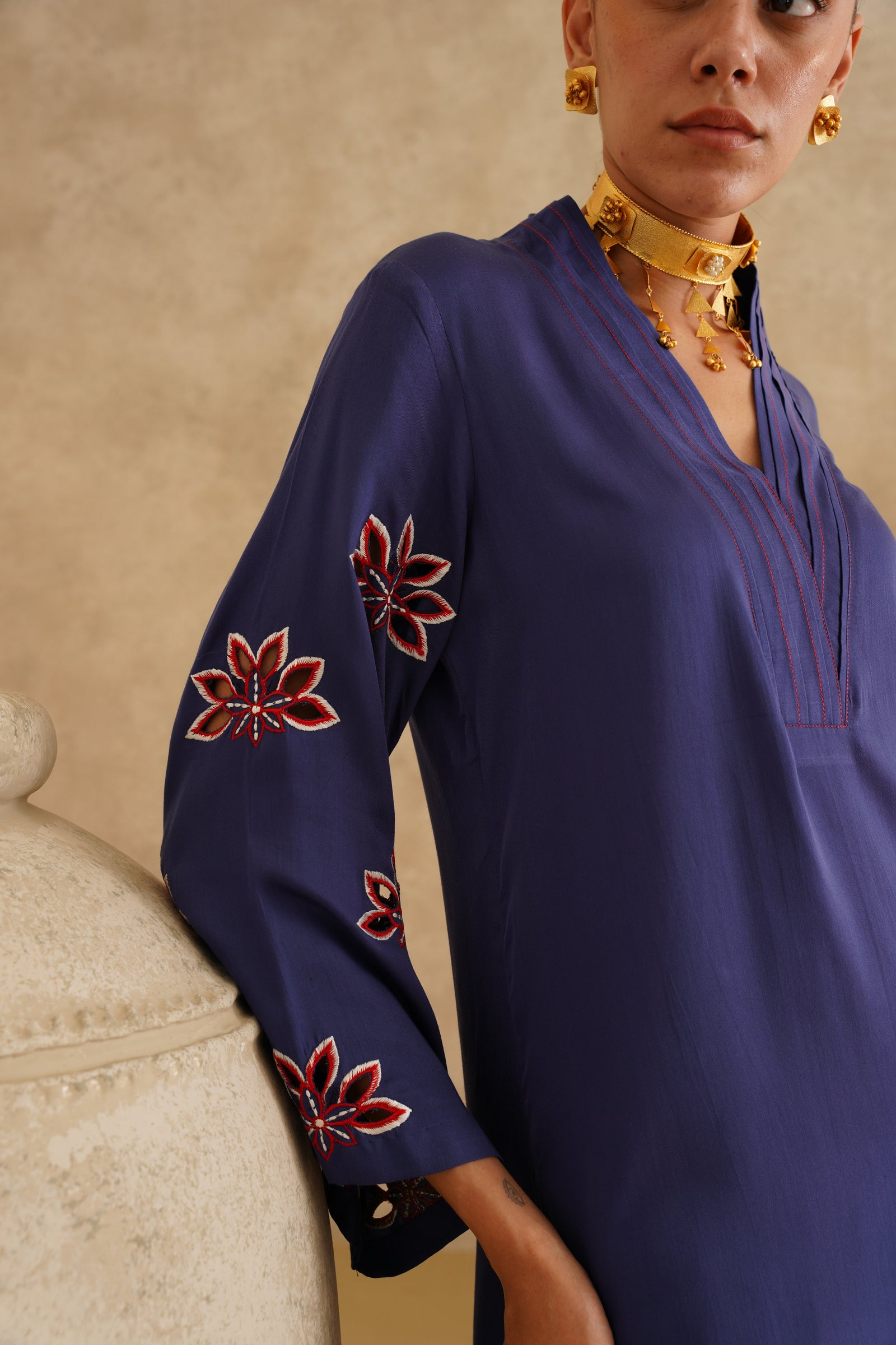 Navy Cutwork Sleeve 
Tunic Set