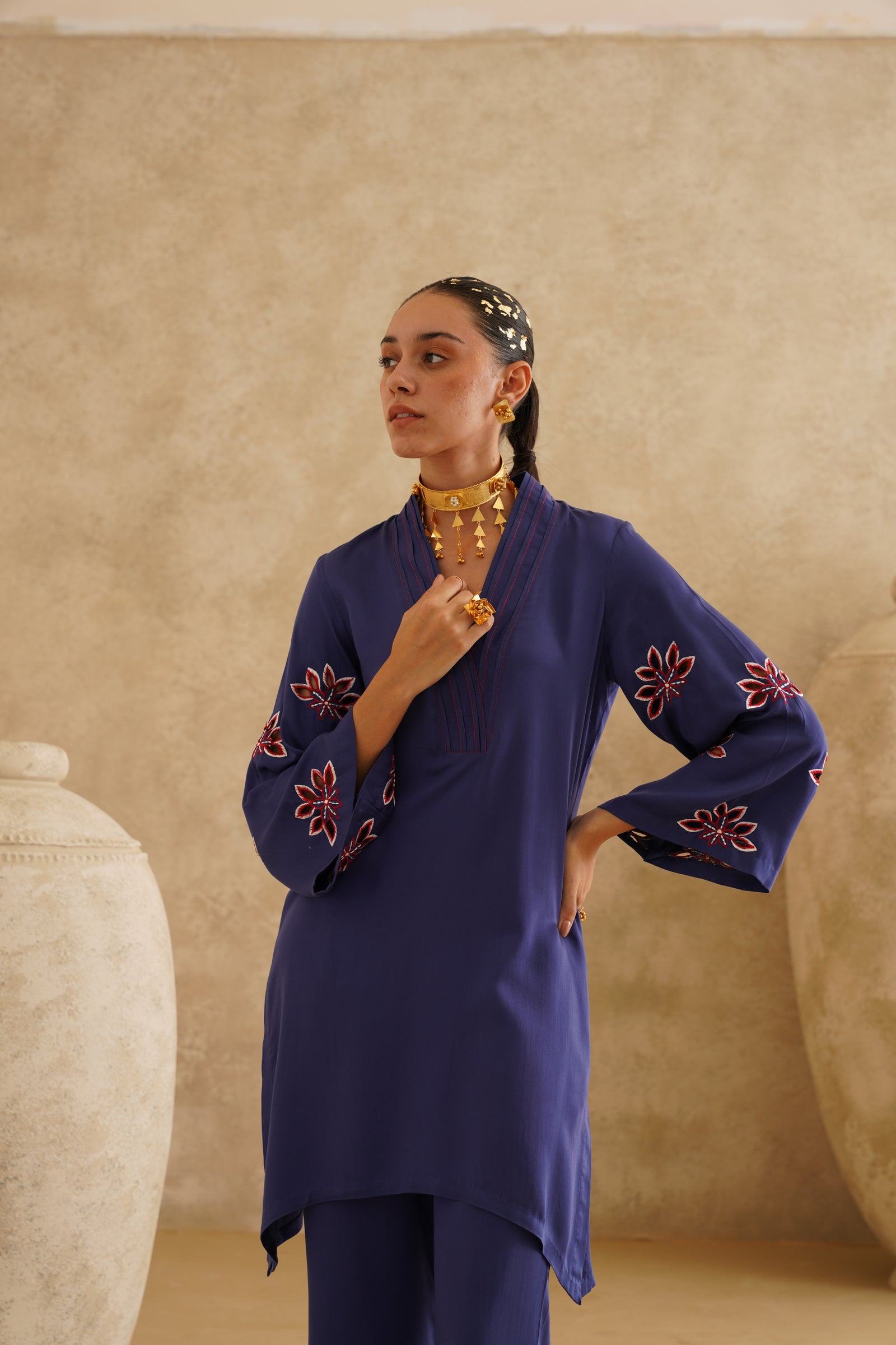 Navy Cutwork Sleeve 
Tunic Set