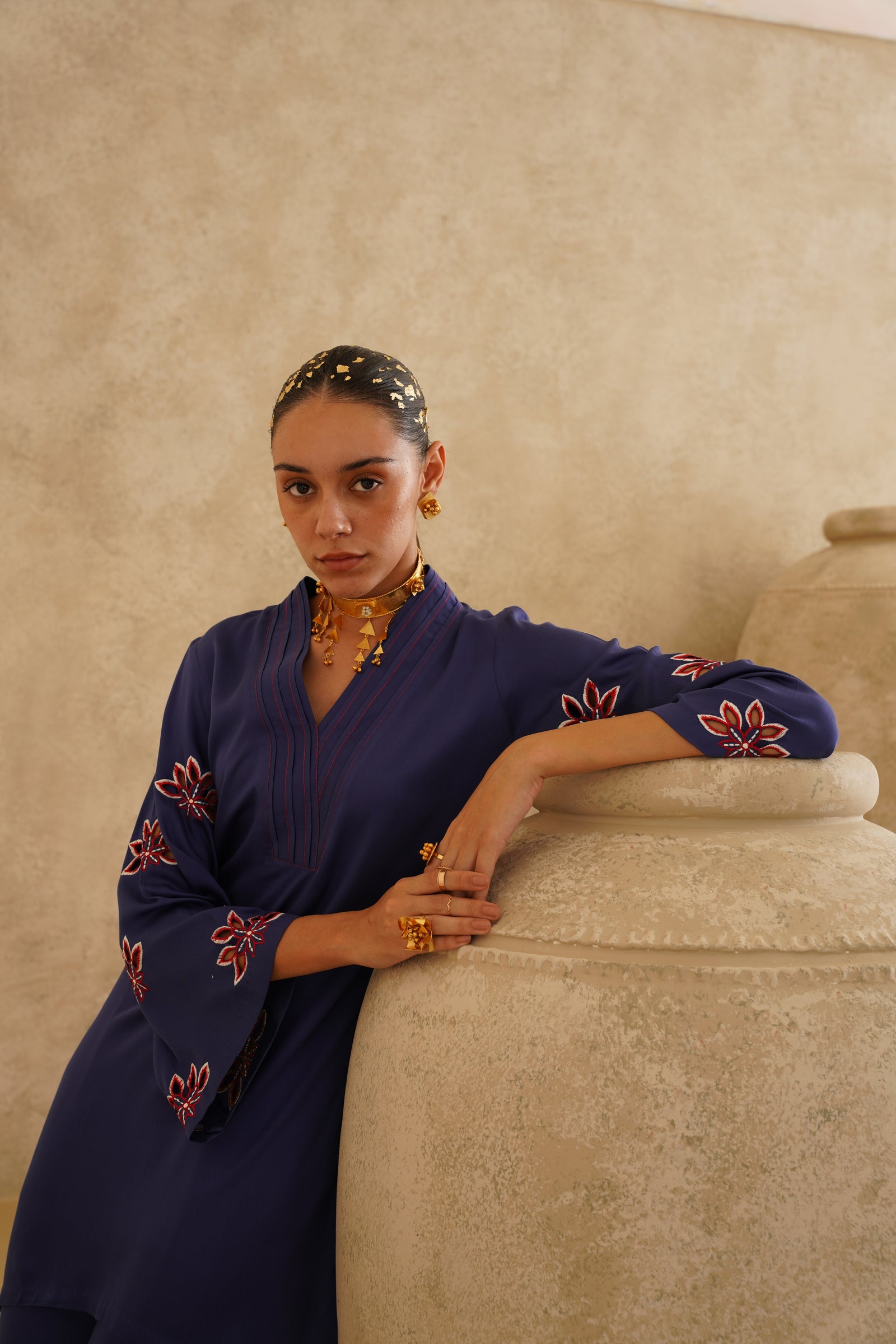 Navy Cutwork Sleeve 
Tunic Set