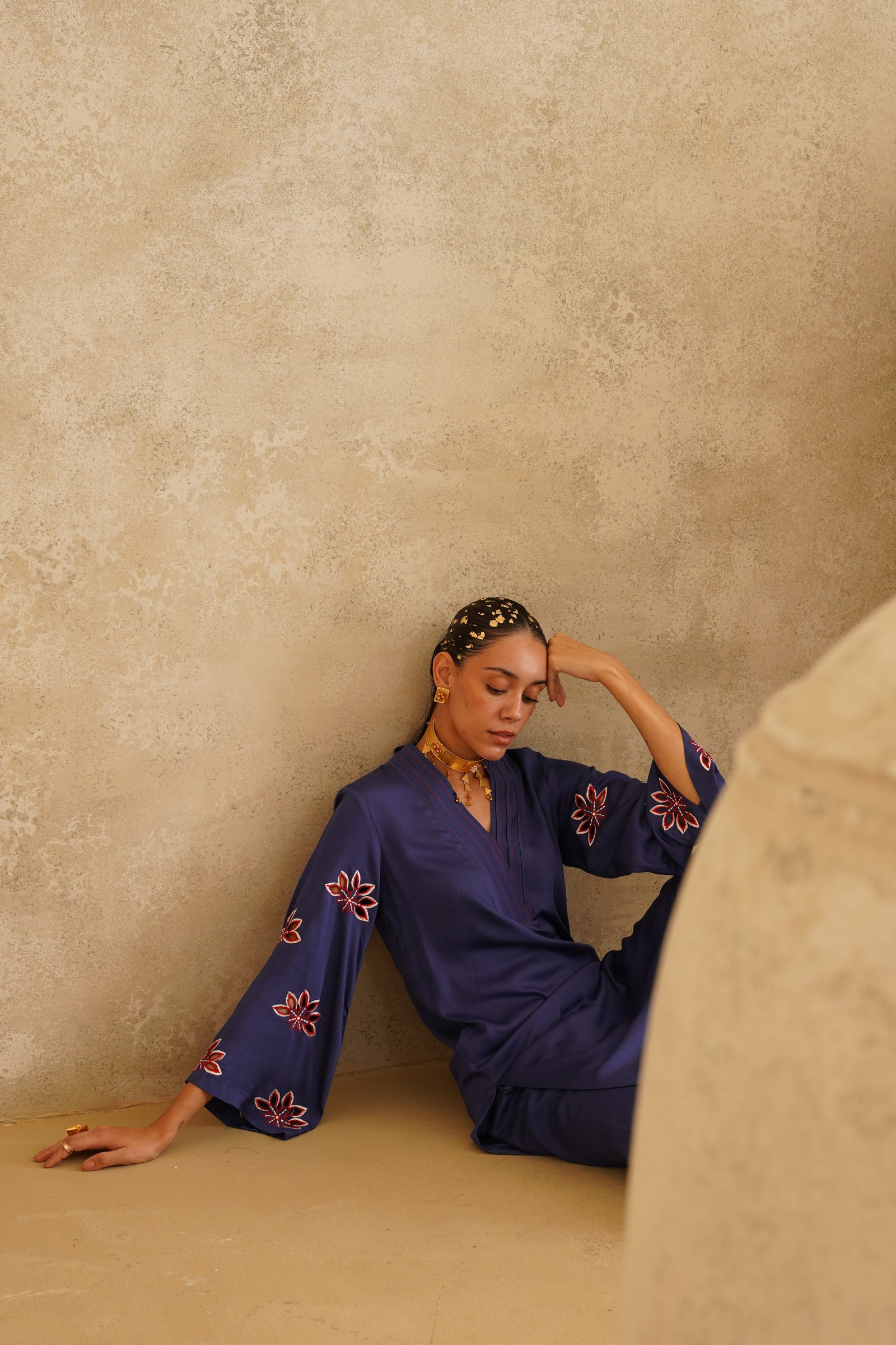 Navy Cutwork Sleeve 
Tunic Set