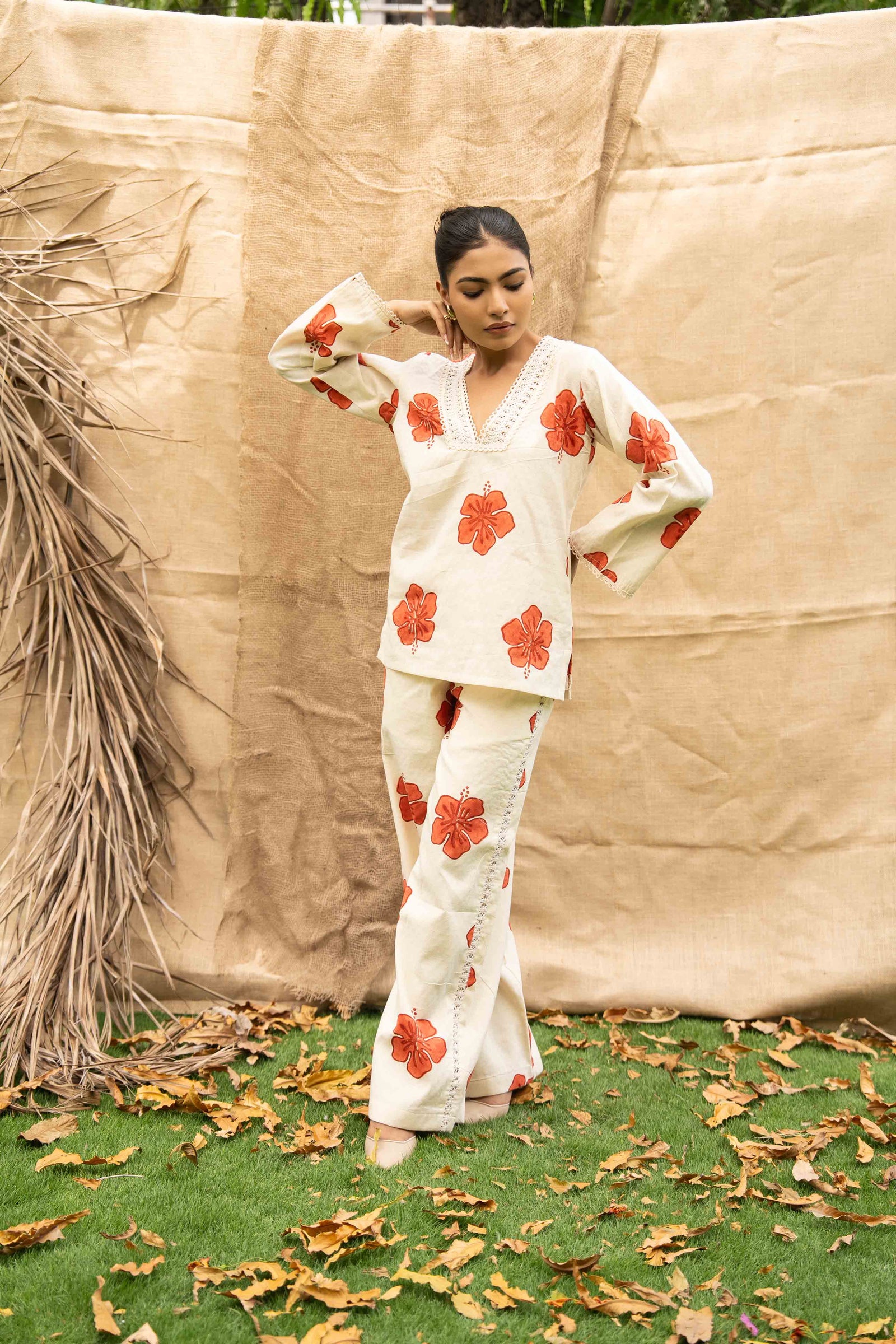 A Floral Relaxed Fit Shirt With Lace Neckline