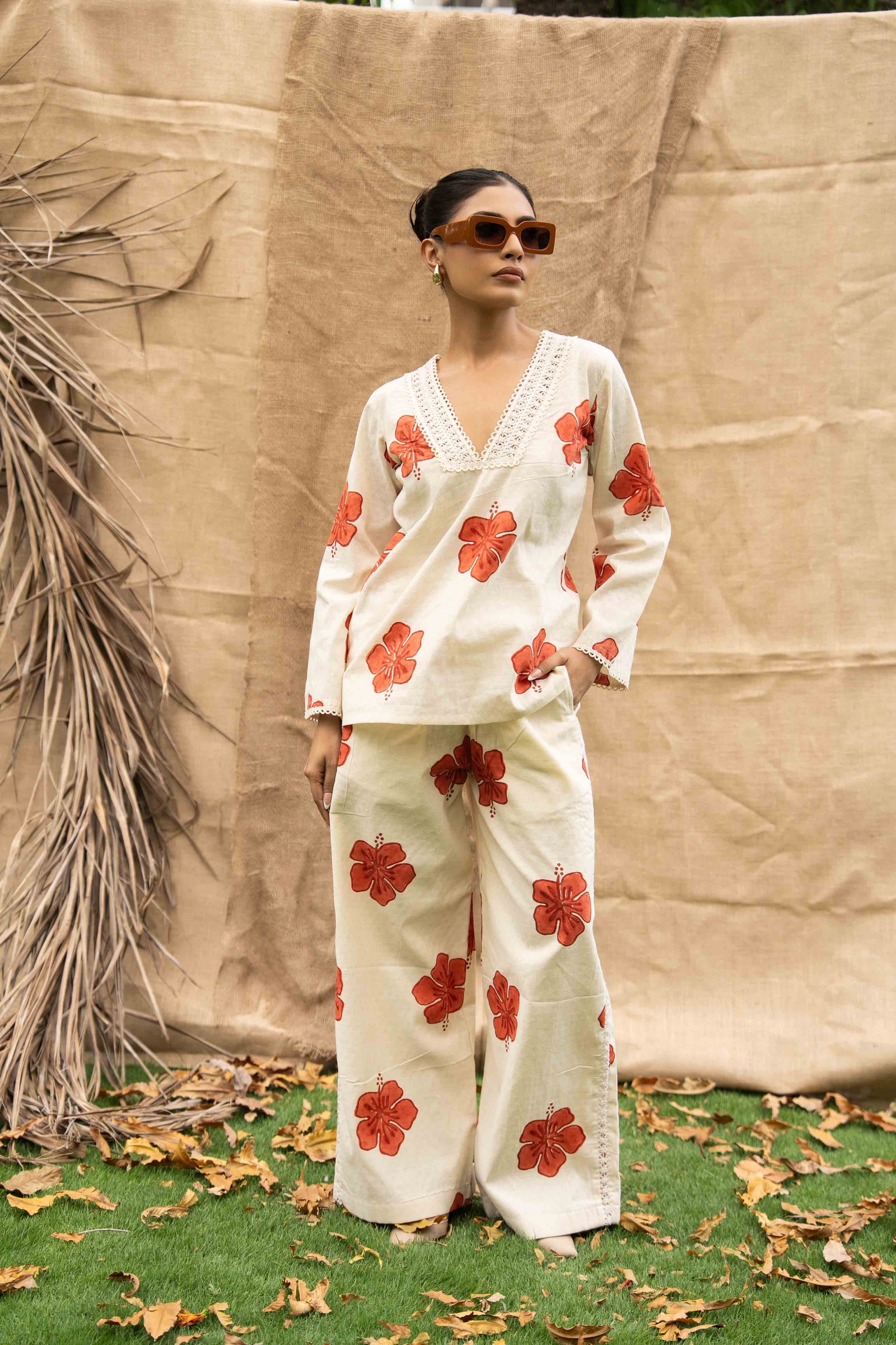 A Floral Relaxed Fit Shirt With Lace Neckline