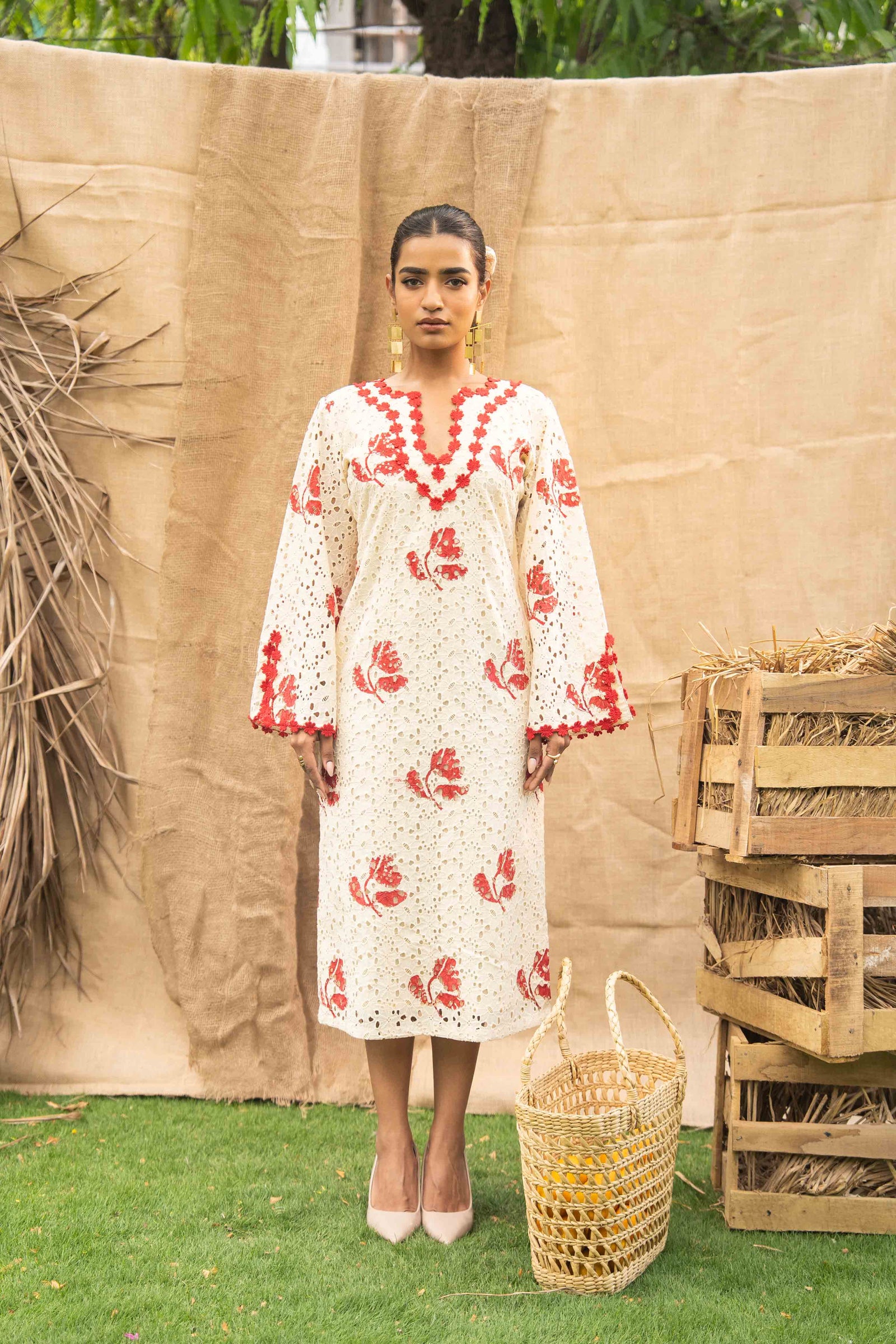 Printed Schiffli Relaxed Fit Midi Dress