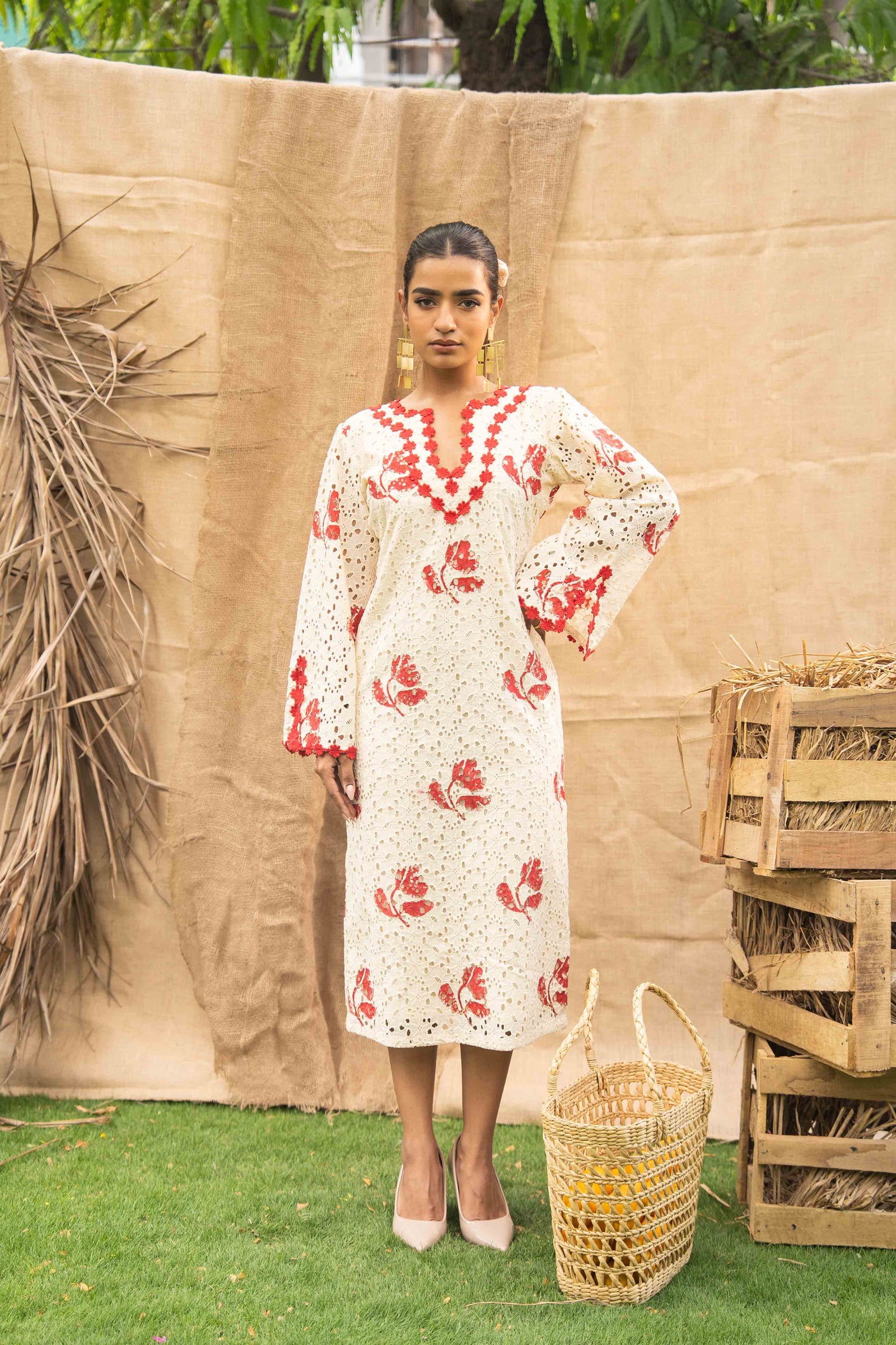 Printed Schiffli Relaxed Fit Midi Dress