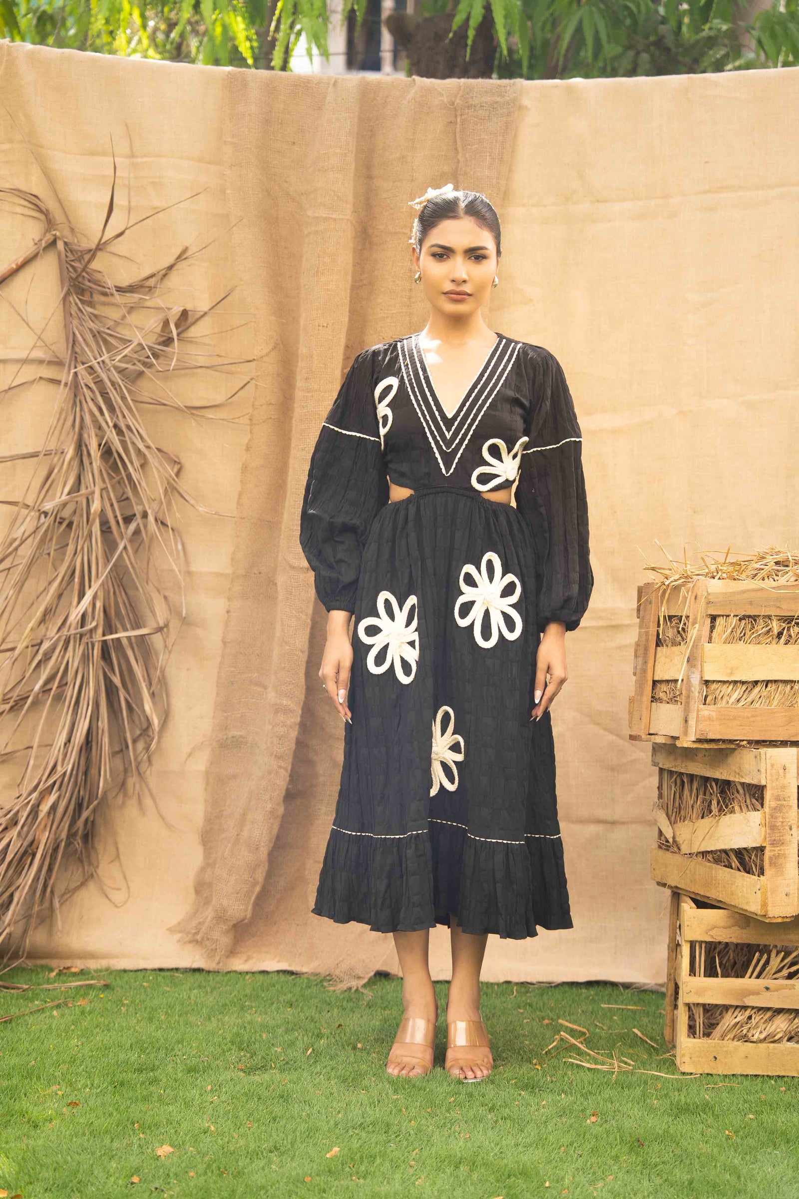 A V Neck Cut-Out Dress With Hand Embrodiered