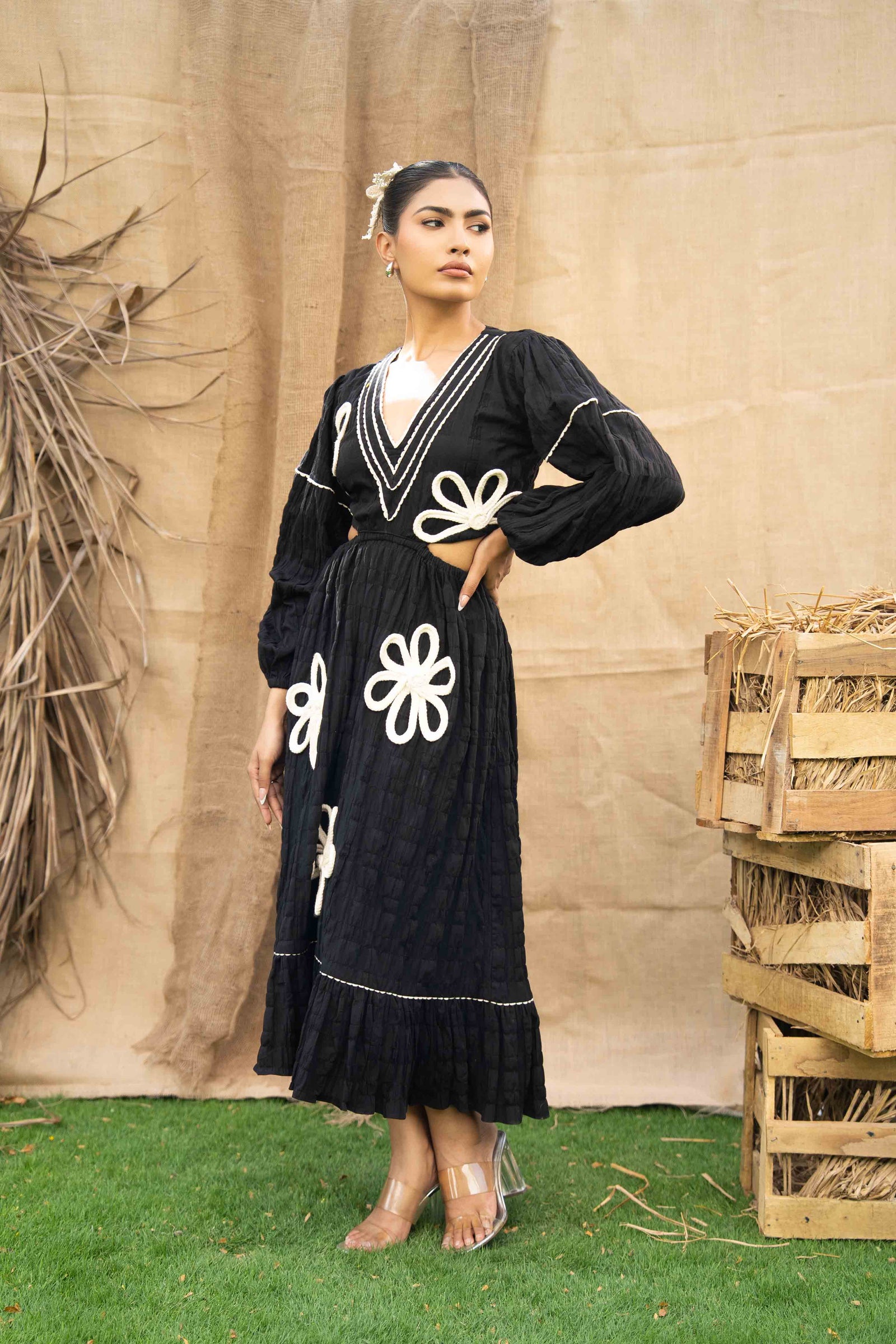 A V Neck Cut-Out Dress With Hand Embrodiered