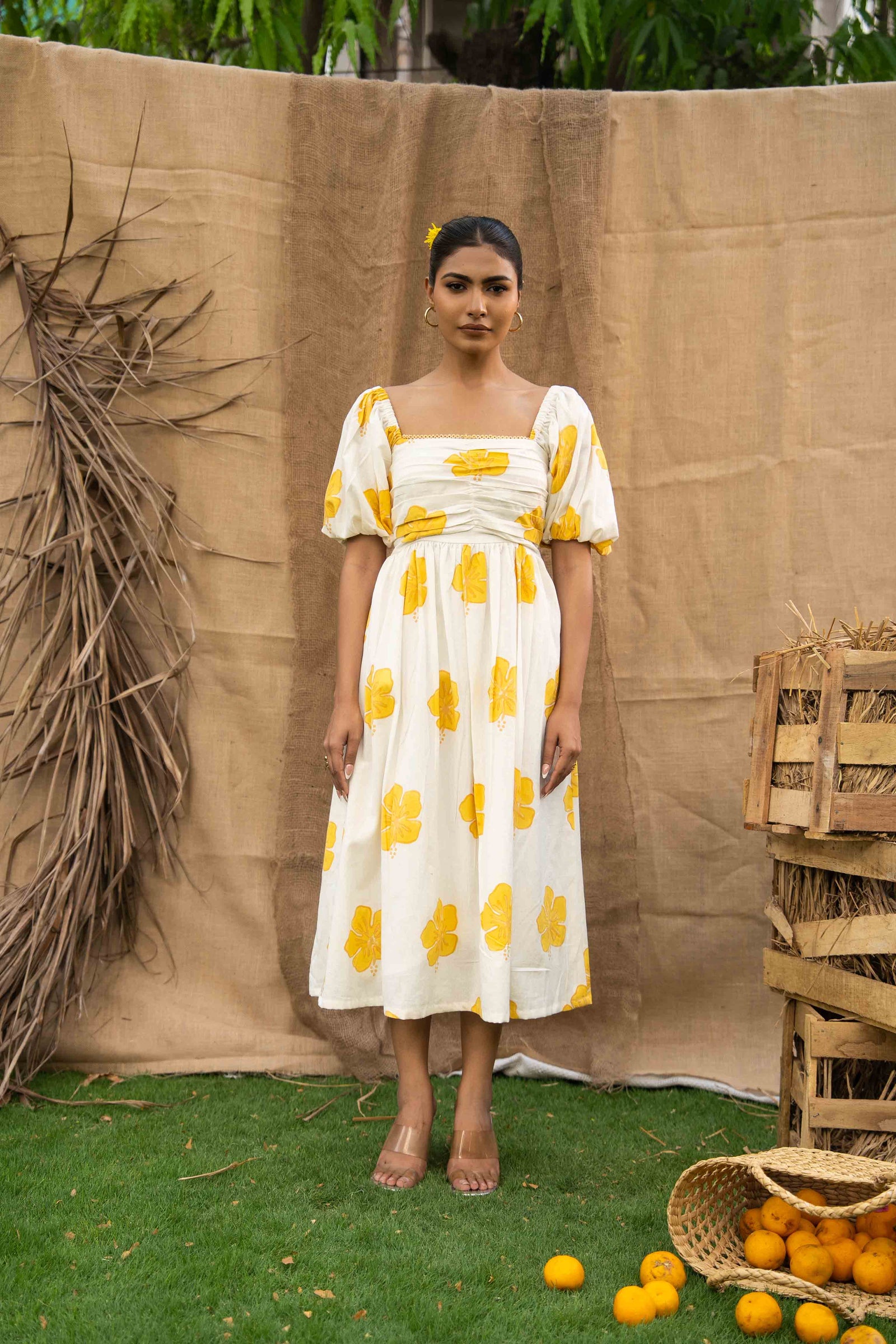 Summer Midi Dress, With Yellow Flowers Printed