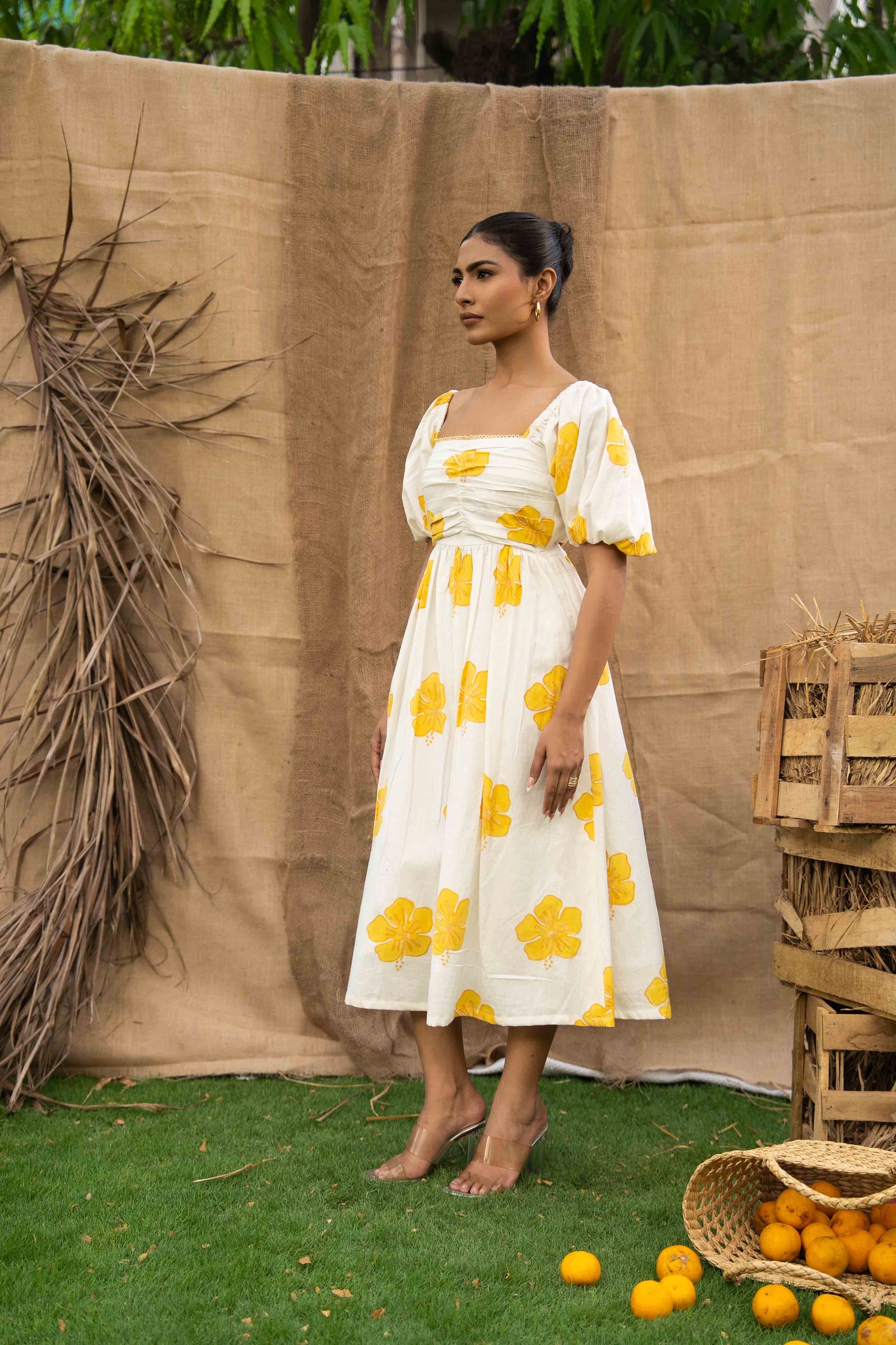 Summer Midi Dress, With Yellow Flowers Printed