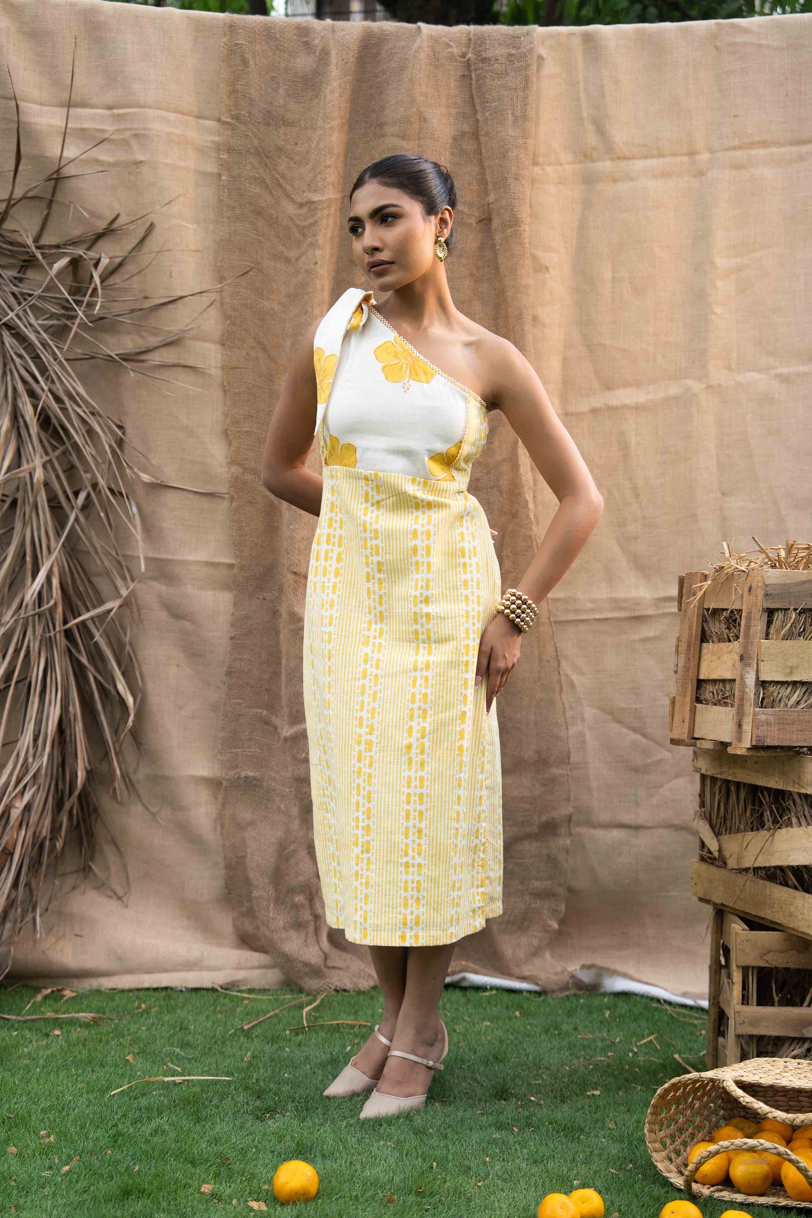 Printed Midi Dress, Combination Of Floral Print And Geometry