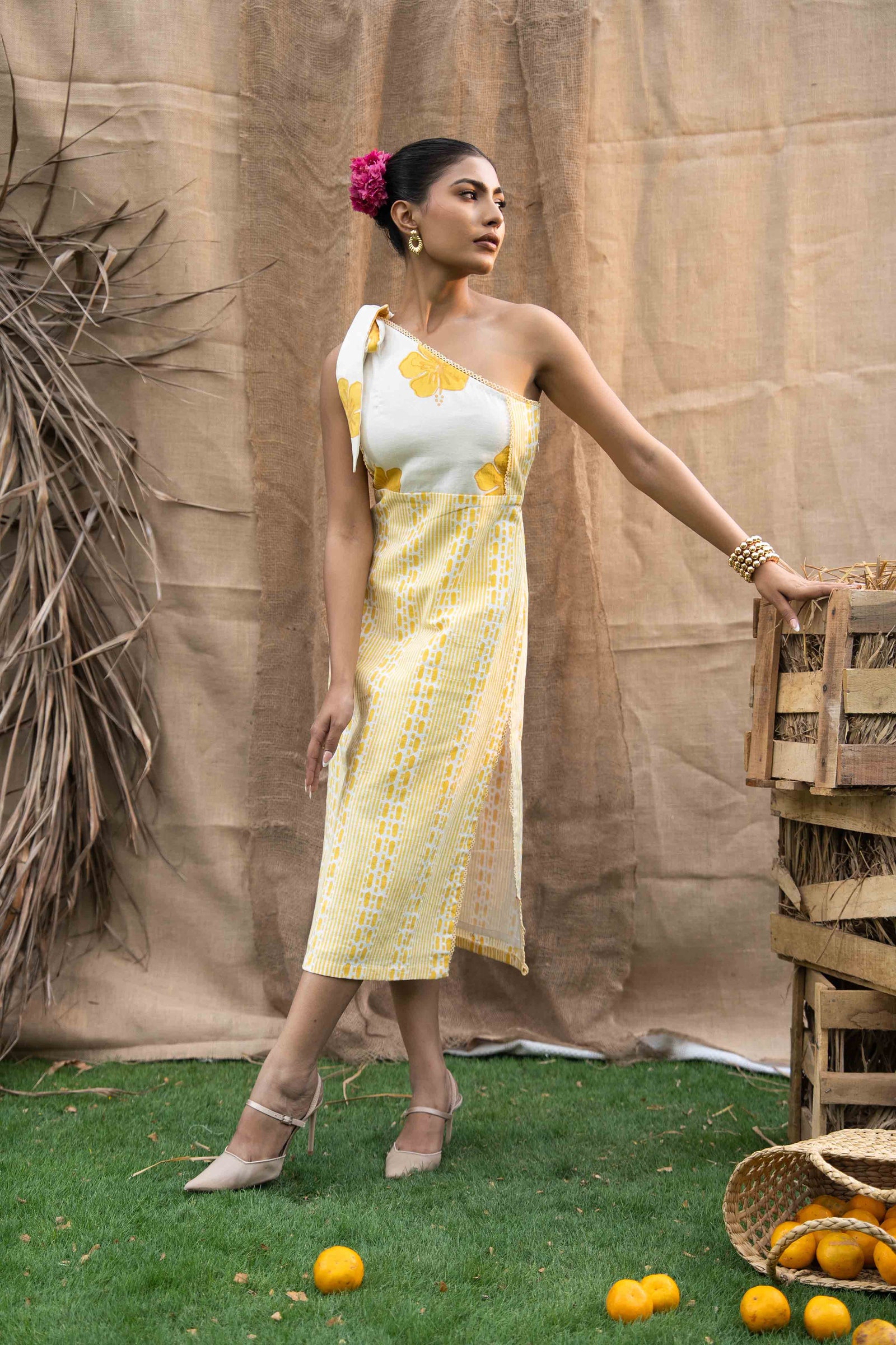 Printed Midi Dress, Combination Of Floral Print And Geometry