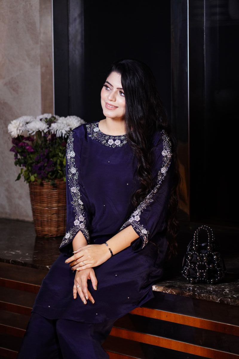 Navy Blue Top A With Heavy Embroidery