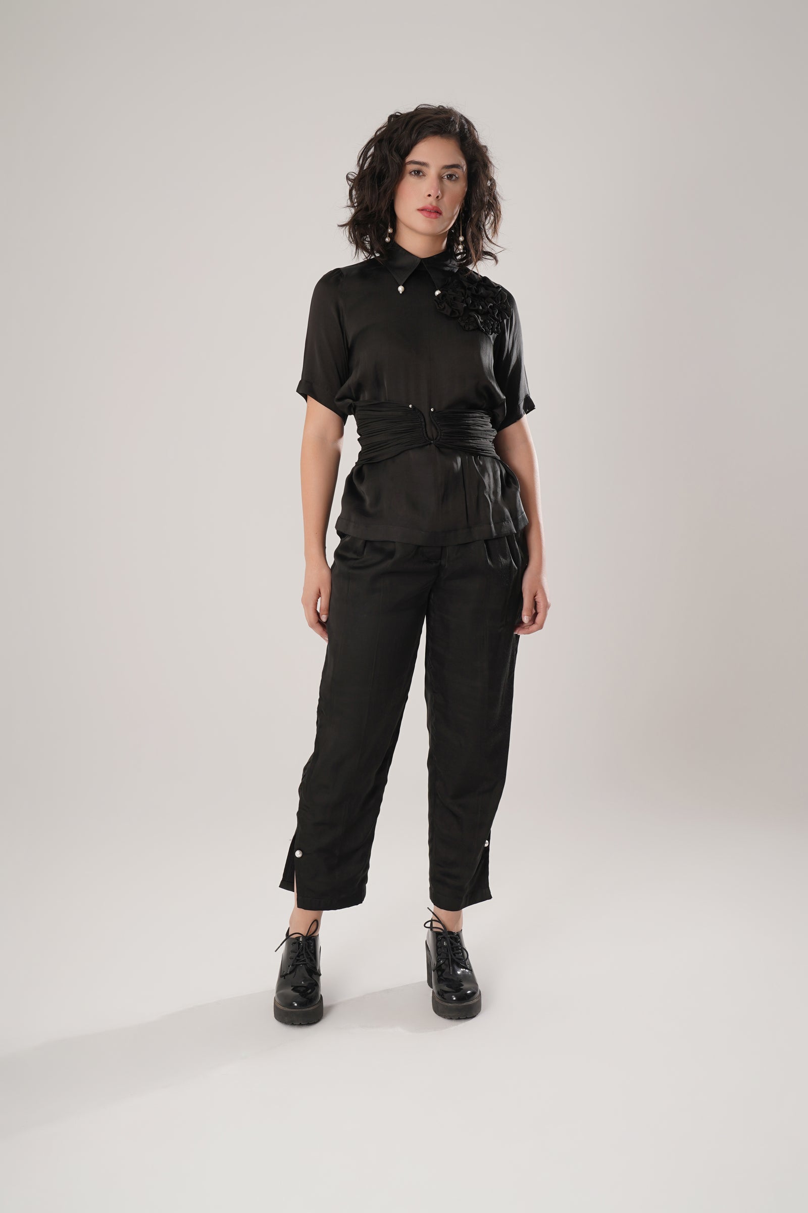 Black Modal Satin Shirt Seamlessly Blends Structure With Fluidity