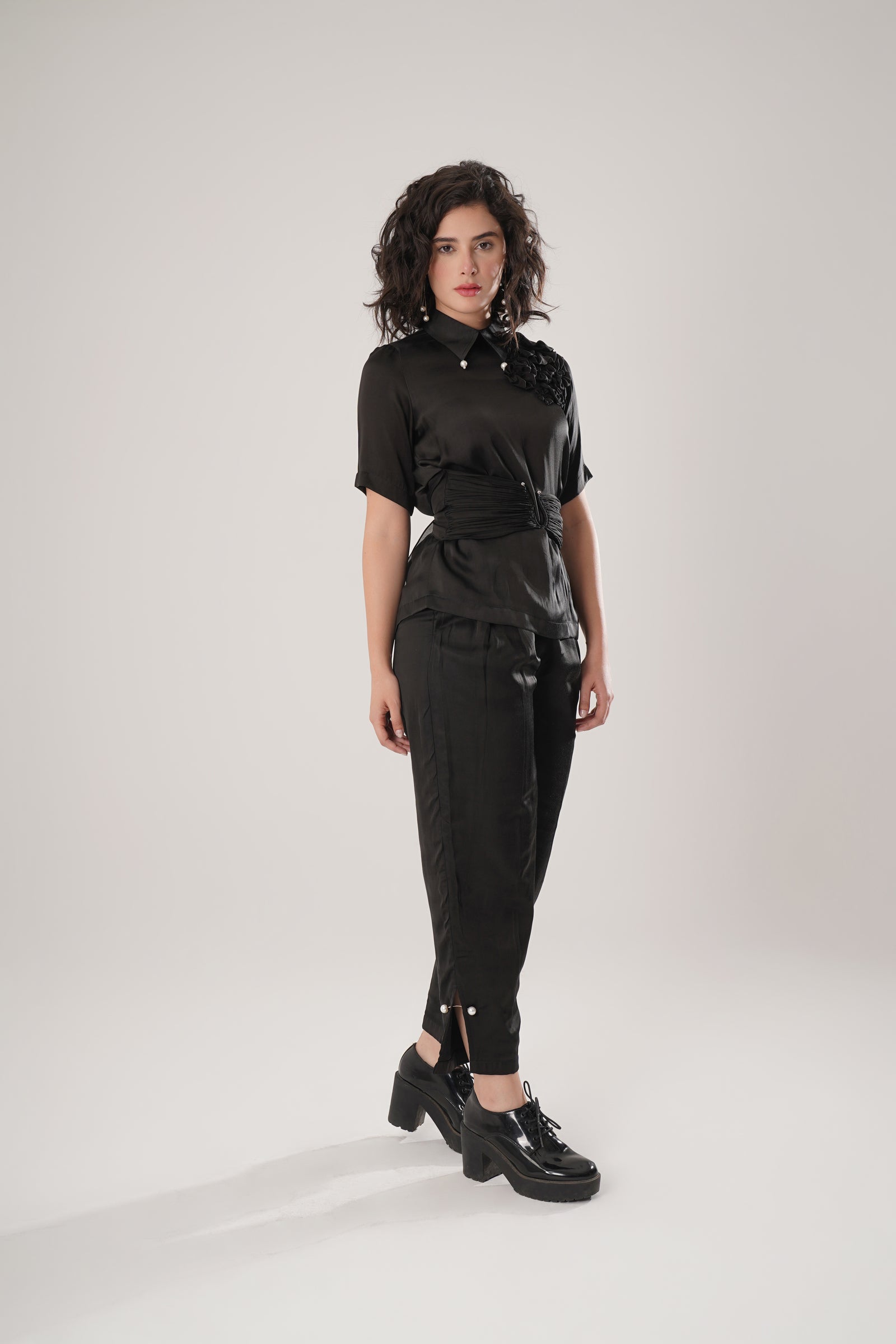 Black Modal Satin Shirt Seamlessly Blends Structure With Fluidity