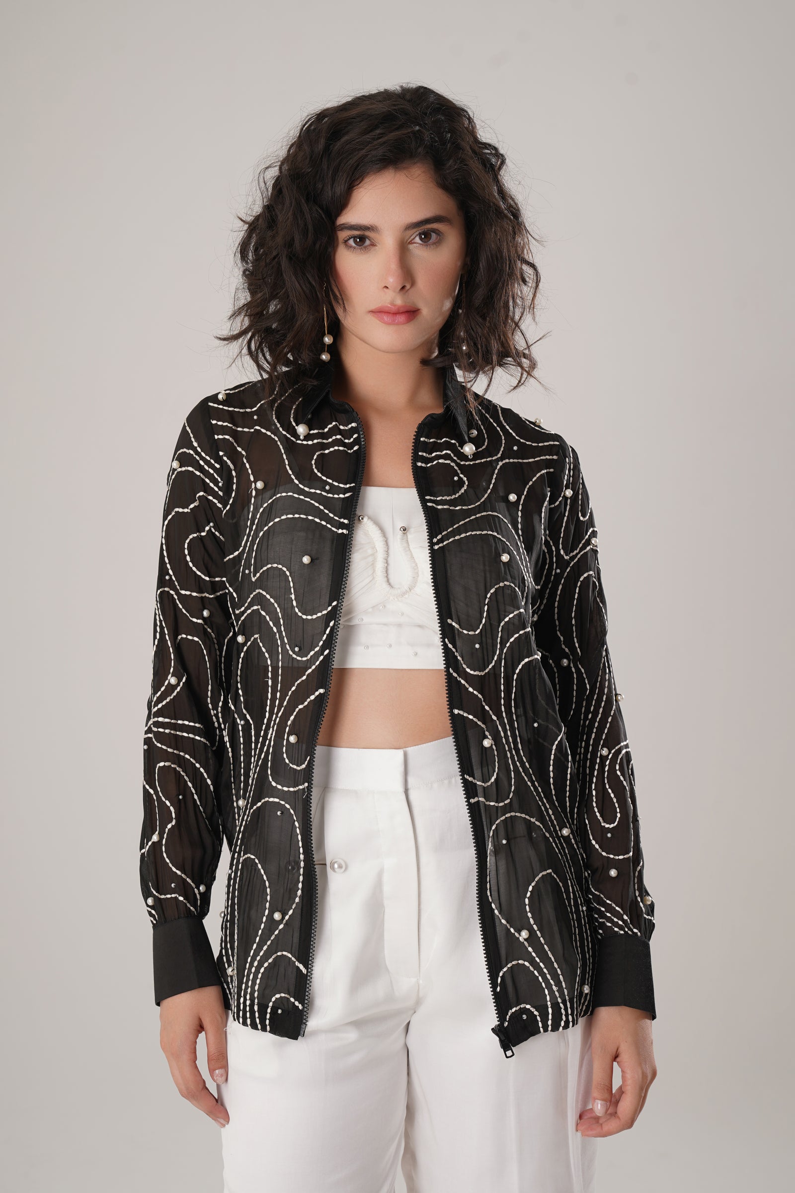 Embroidered Zip-Front Black Shirt Is Crafted From Ethereal Paper Silk