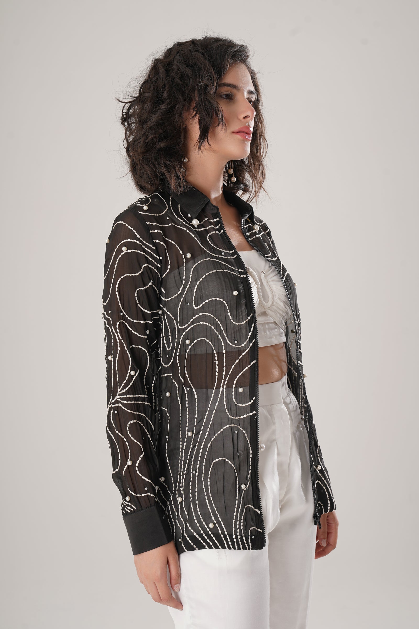 Embroidered Zip-Front Black Shirt Is Crafted From Ethereal Paper Silk