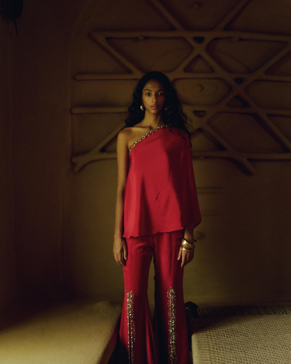 Red Off-Shoulder Tunic Set with Bronze and Gold Stone Embroidery