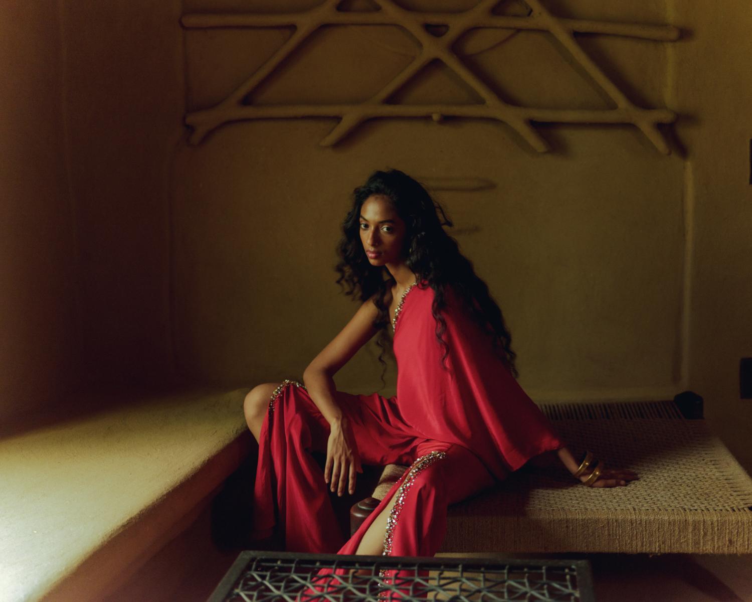 Red Off-Shoulder Tunic Set with Bronze and Gold Stone Embroidery
