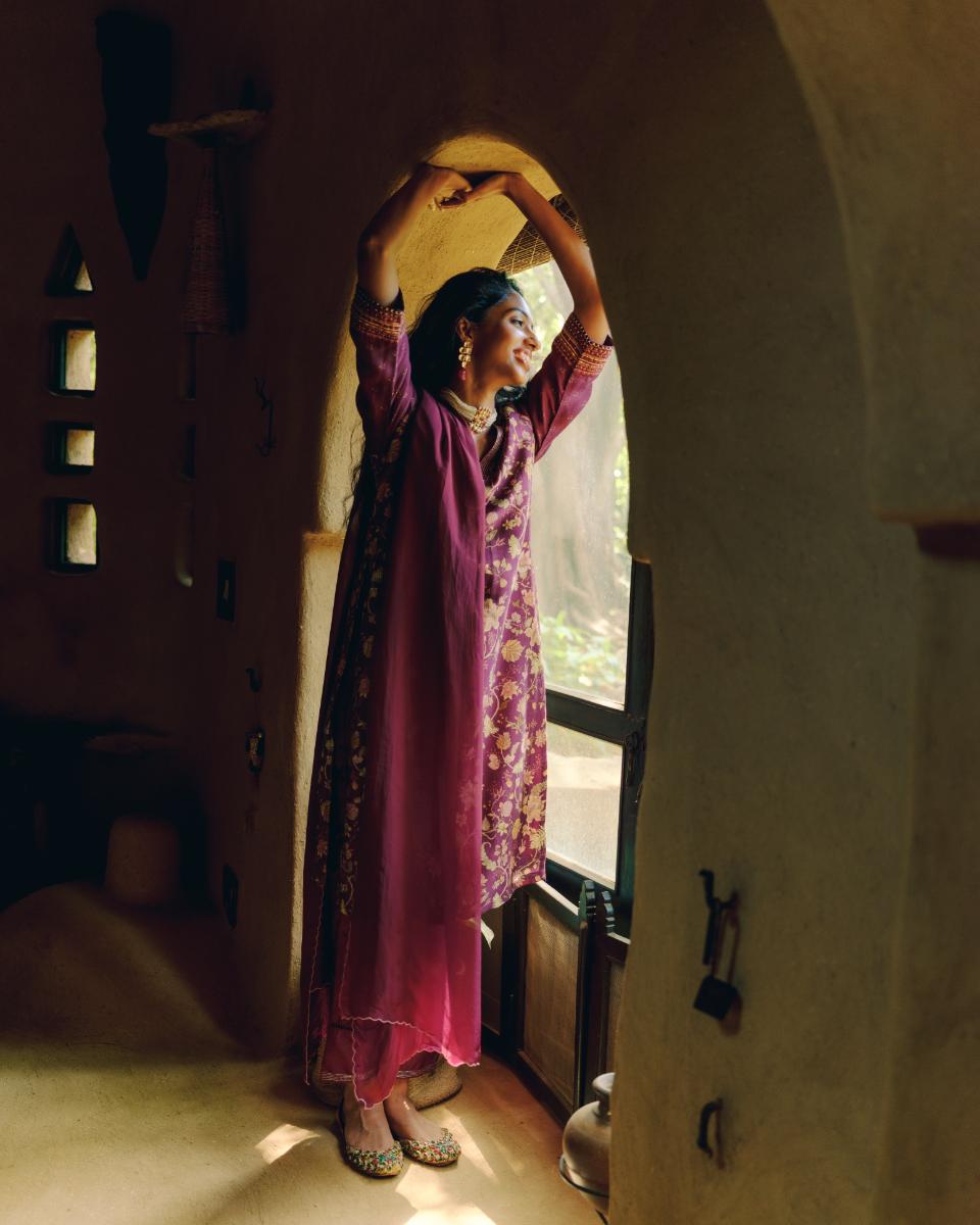 Maroon Printed Raw Silk Kurta Set