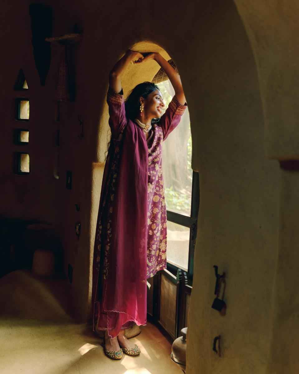 Maroon Printed Raw Silk Kurta Set