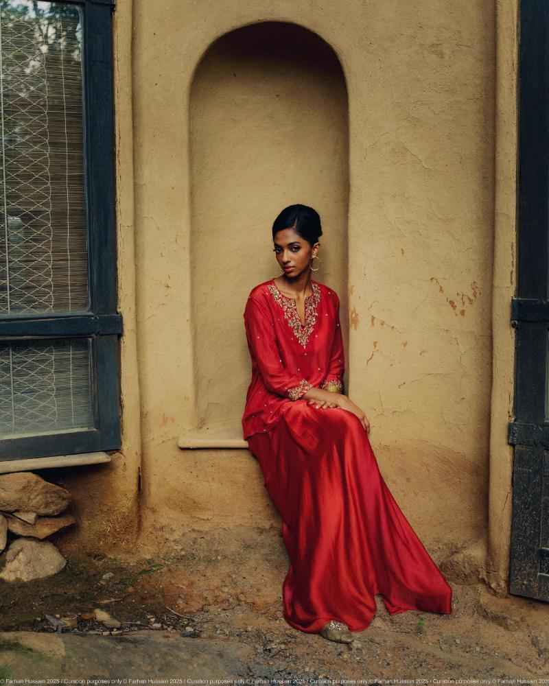 Rust Katan Silk Top with Hand Embroidery and Draped Satin Skirt