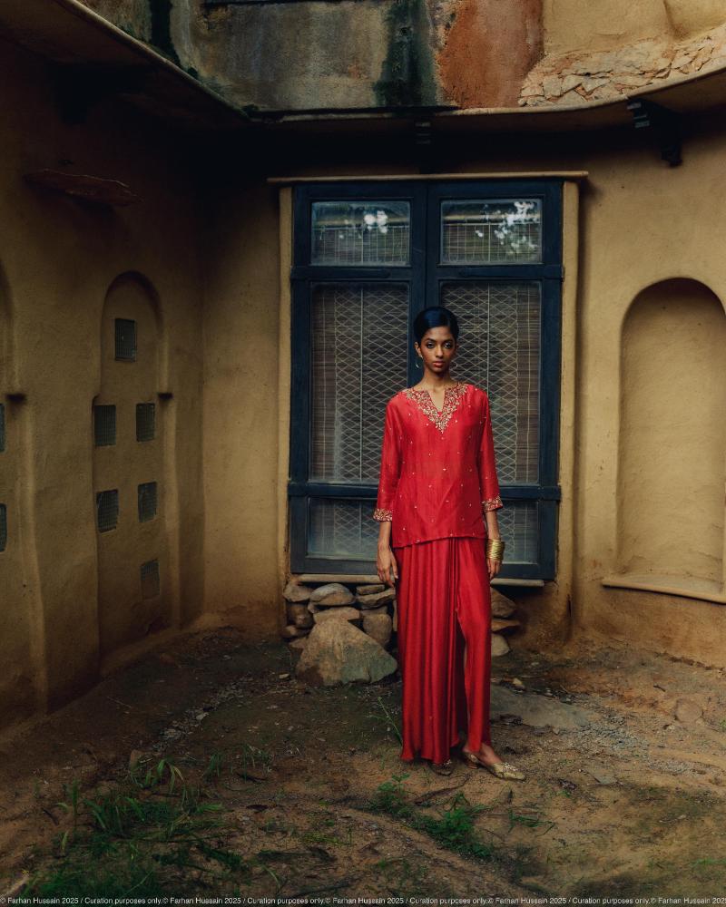 Rust Katan Silk Top with Hand Embroidery and Draped Satin Skirt