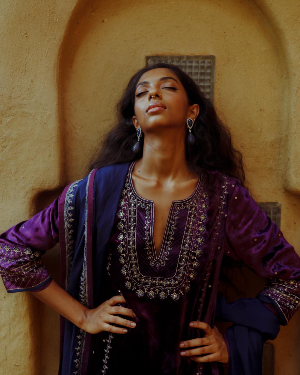 Purple Velvet Kurta Set with Patra Embroidery and Navy Accents