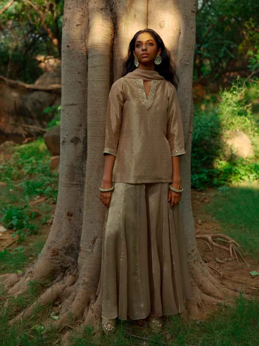 Antique Gold Jacquard Sharara Set with Organza Dupatta