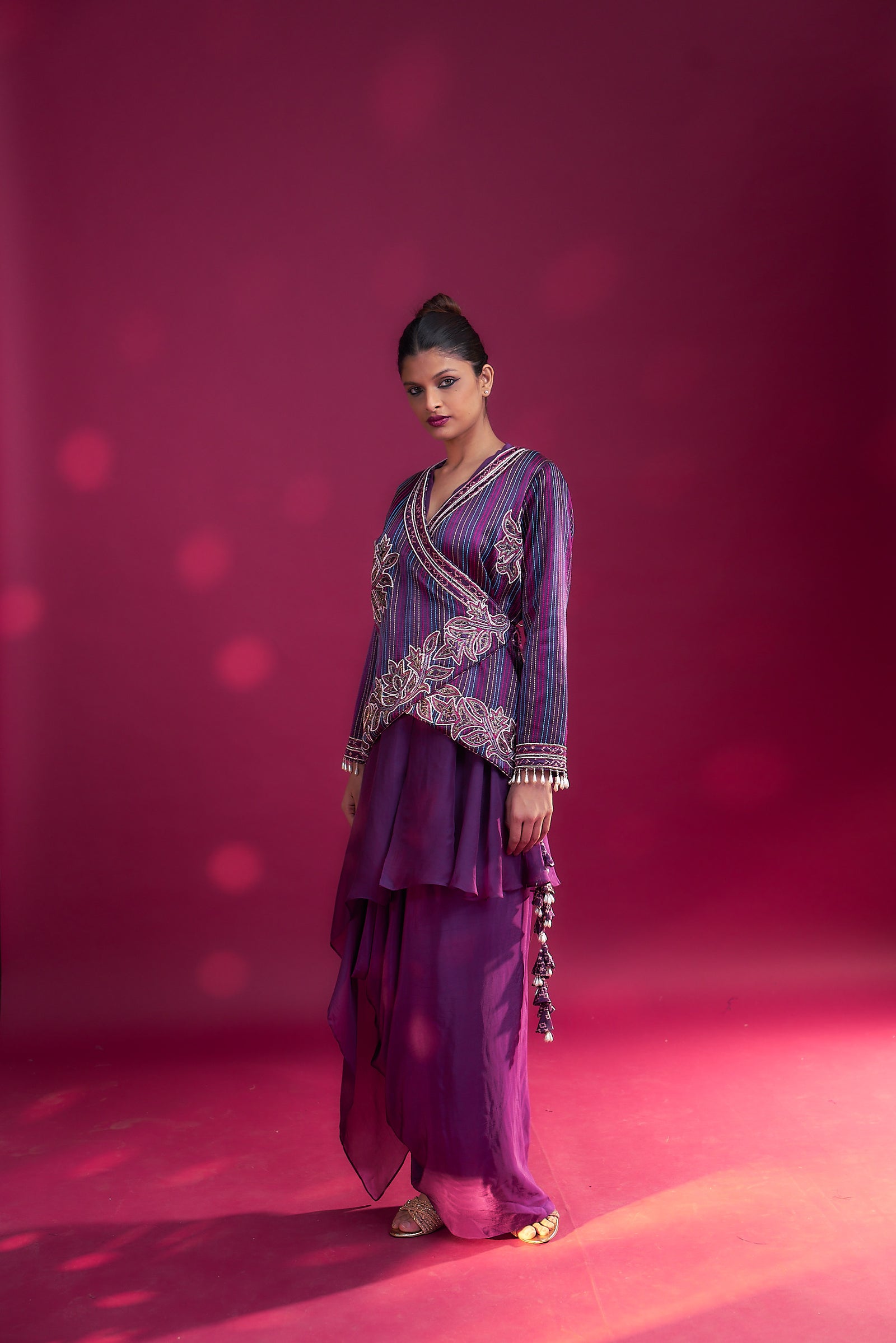 Dark Purple fully patchedworked angarkha jacket with drape dhoti skirt