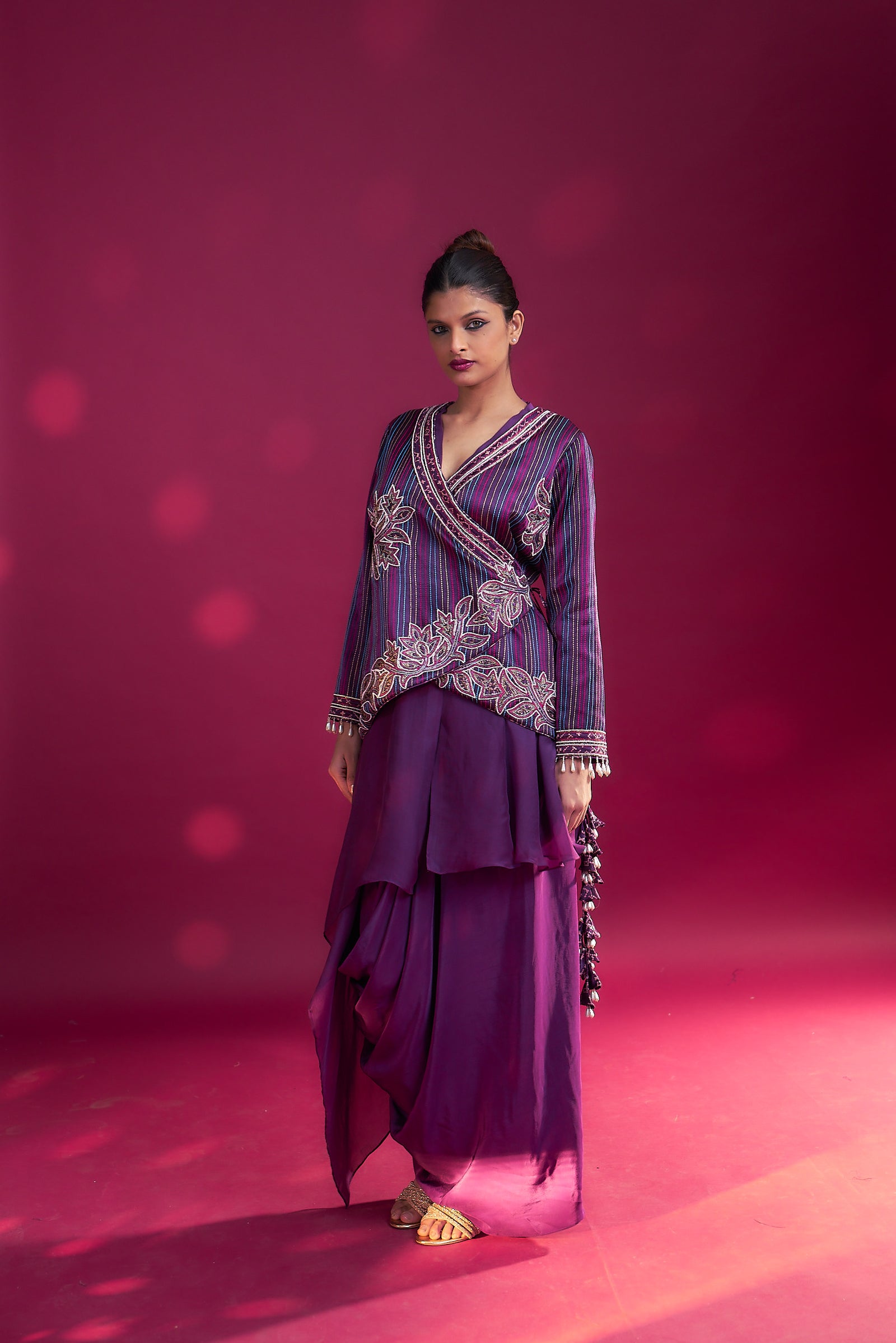 Dark Purple fully patchedworked angarkha jacket with drape dhoti skirt