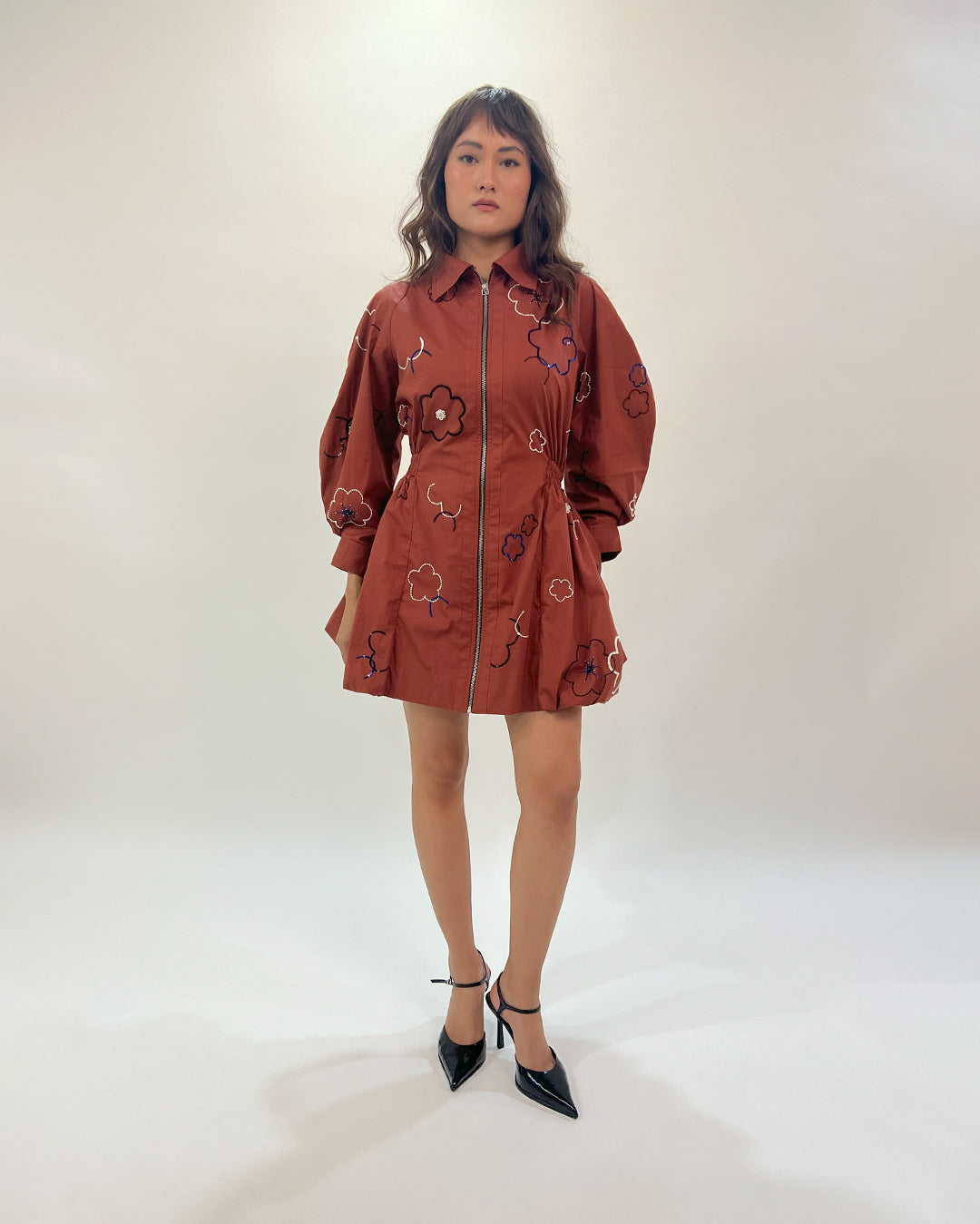 Embroidered bubble hem dress