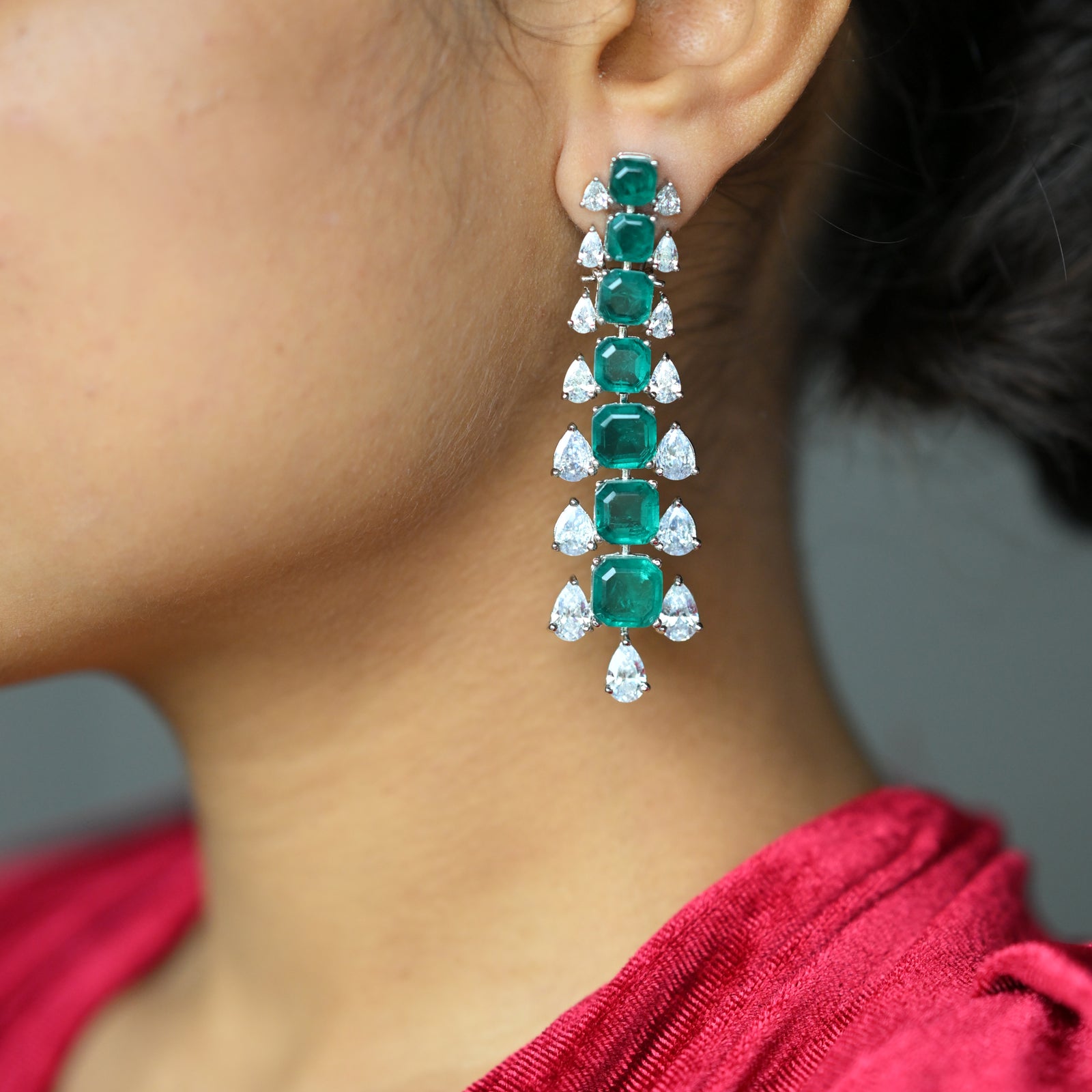 Diamond Drop Earrings- Green