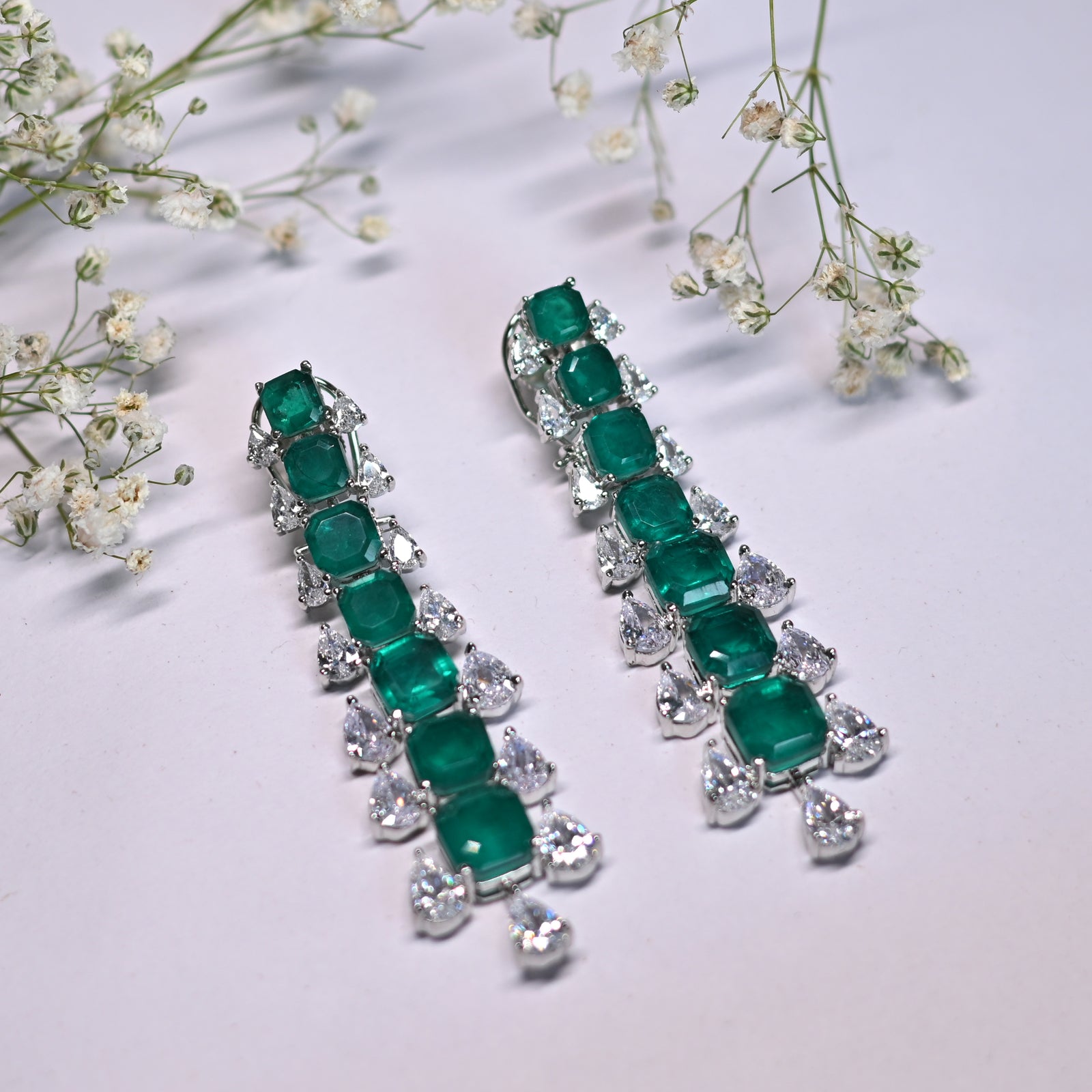 Diamond Drop Earrings- Green