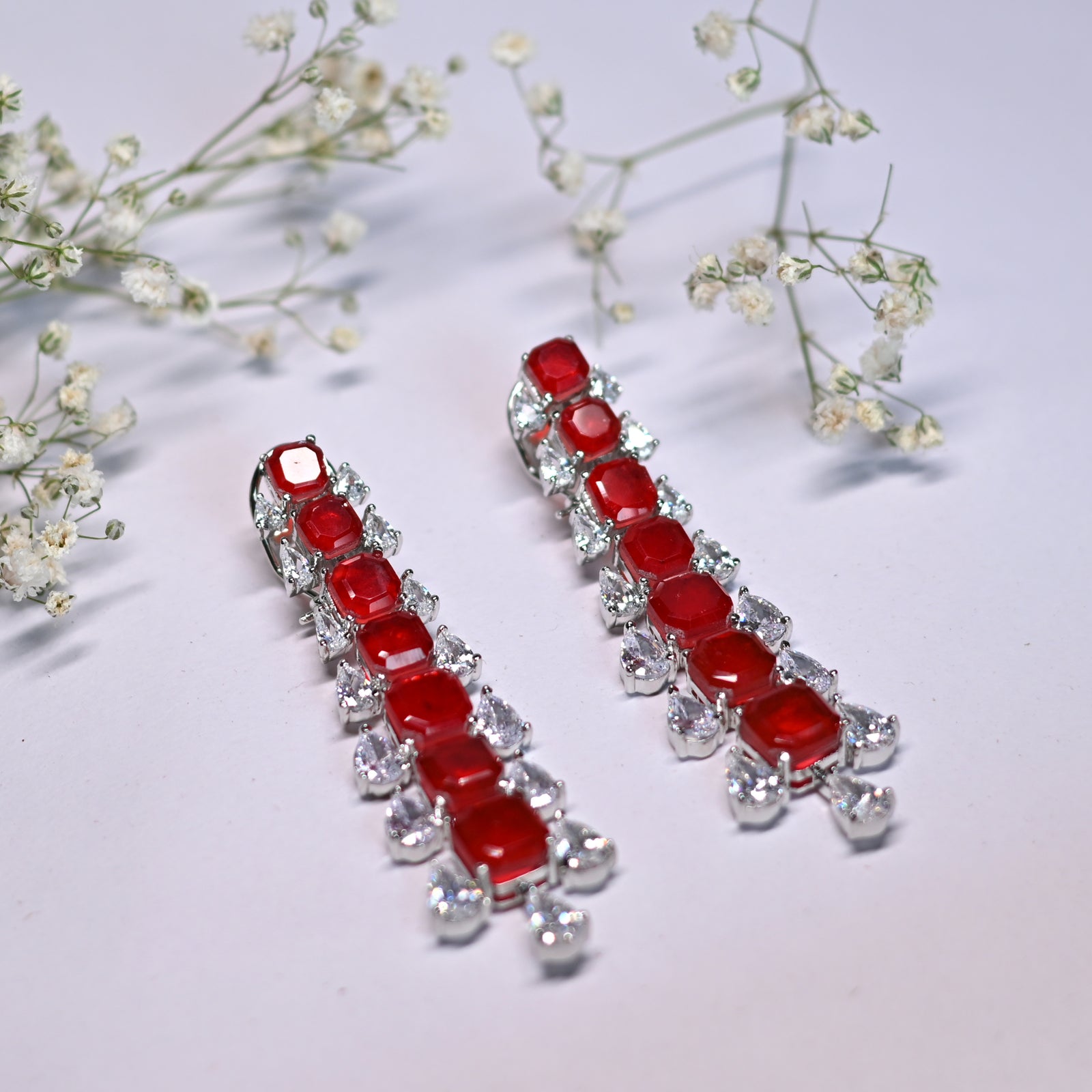 Diamond Drop Earrings- Red