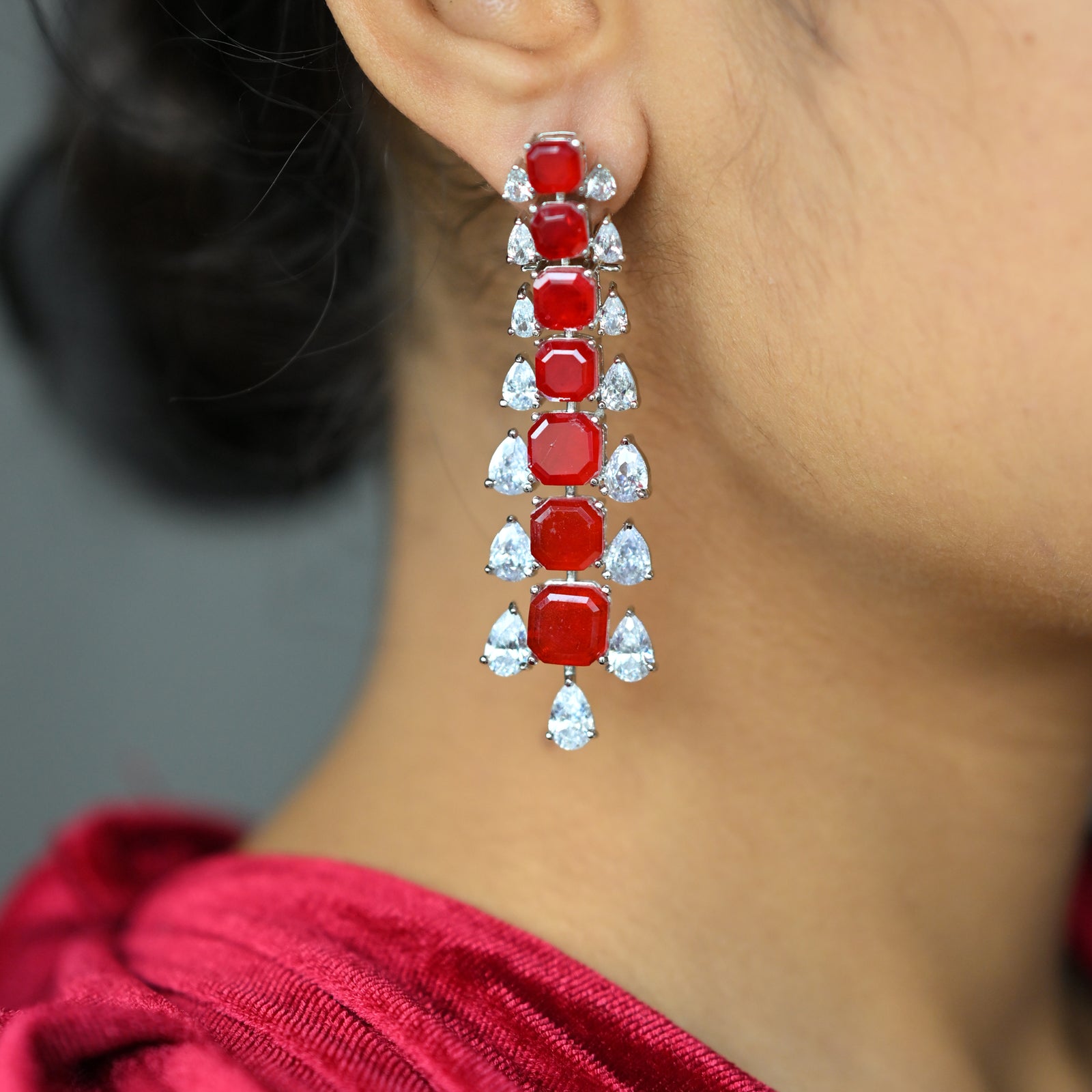 Diamond Drop Earrings- Red