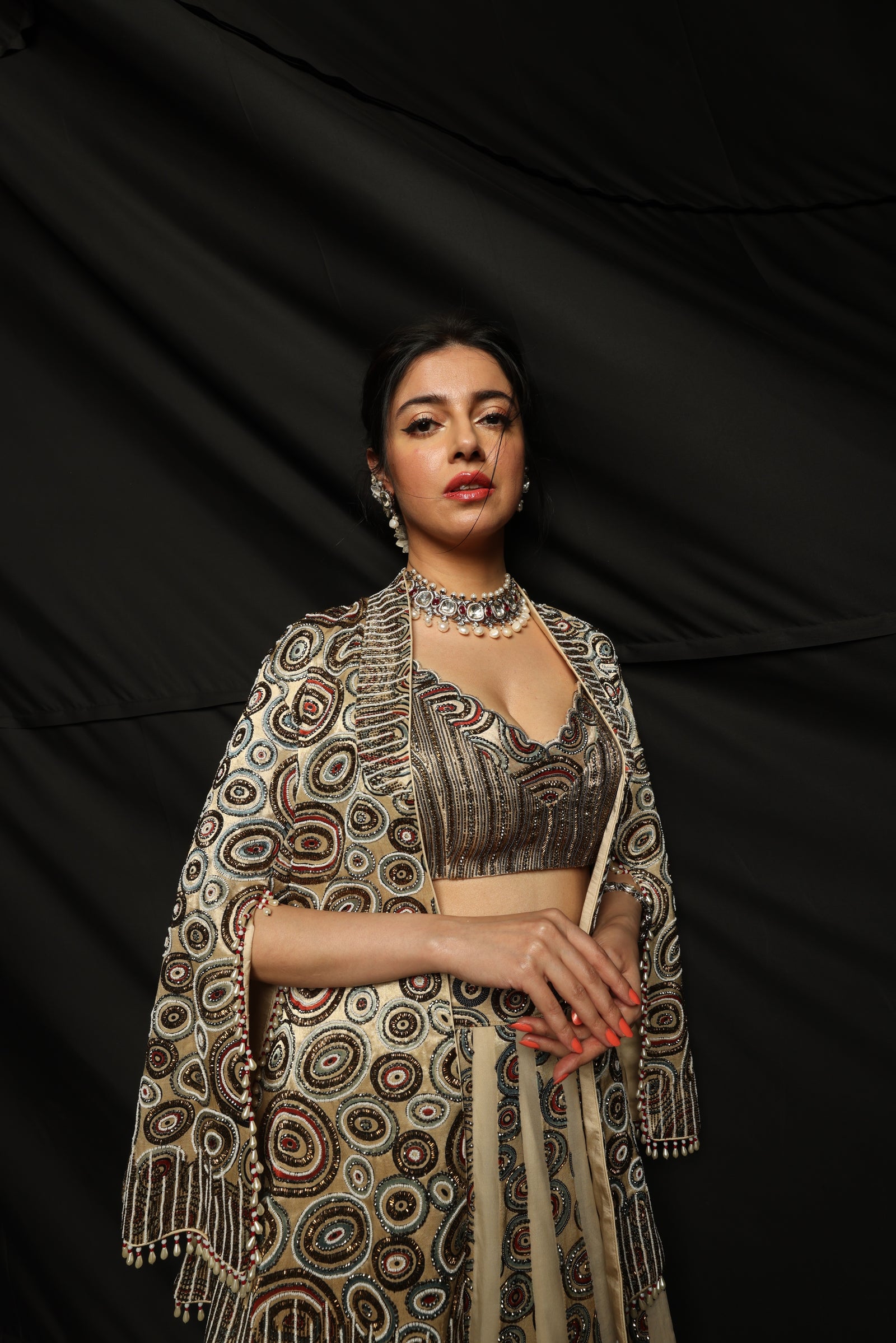 Ripley jacket with blouse & organza ajrak skirt