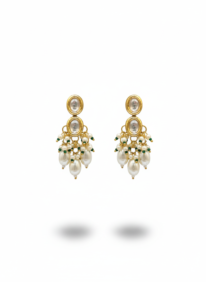 Double Kundan Drop Jhumki with Pearl & Emerald Tassels